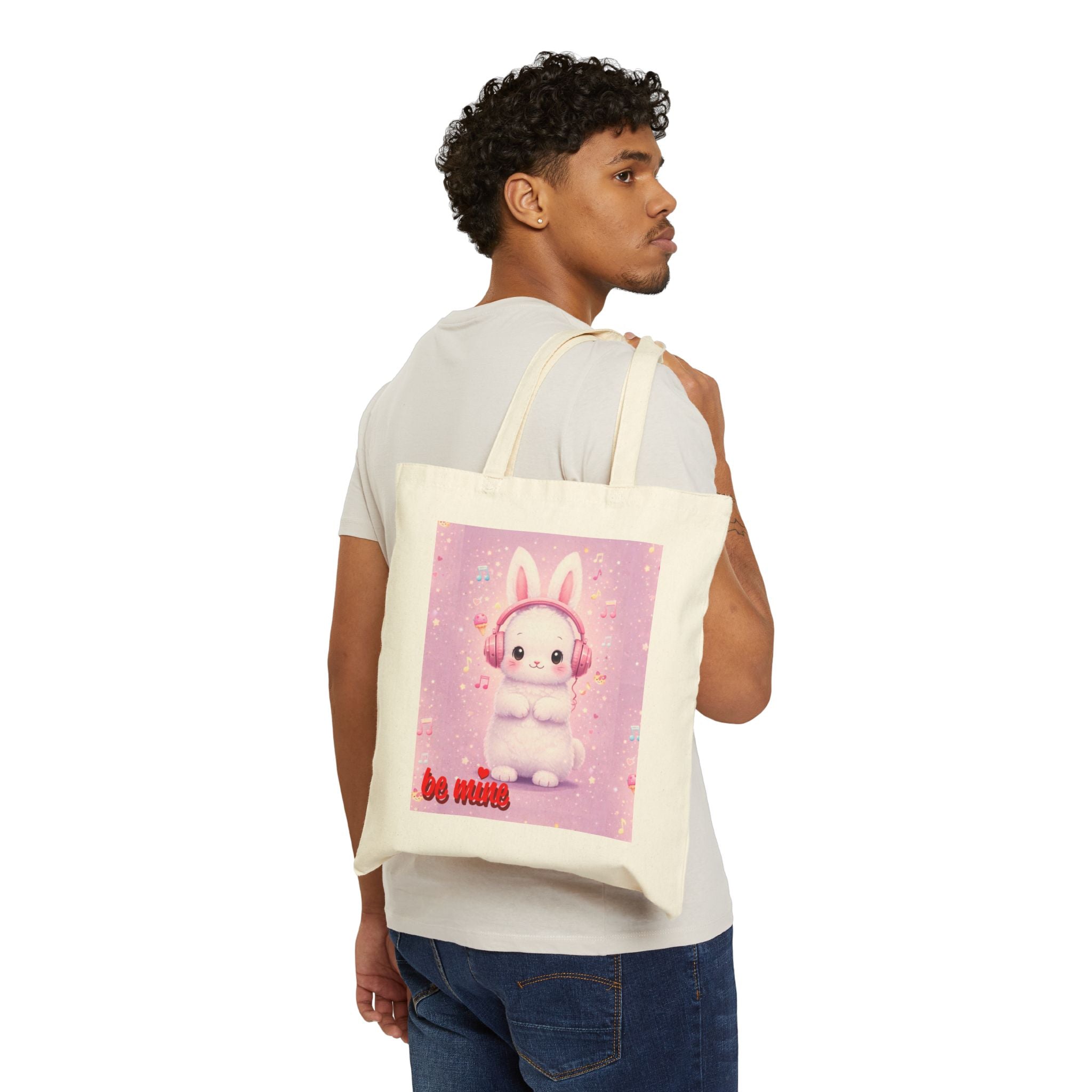 Pastel Bunny with Headphones Cotton Canvas Tote Bag | Cute Music Bunny Tote