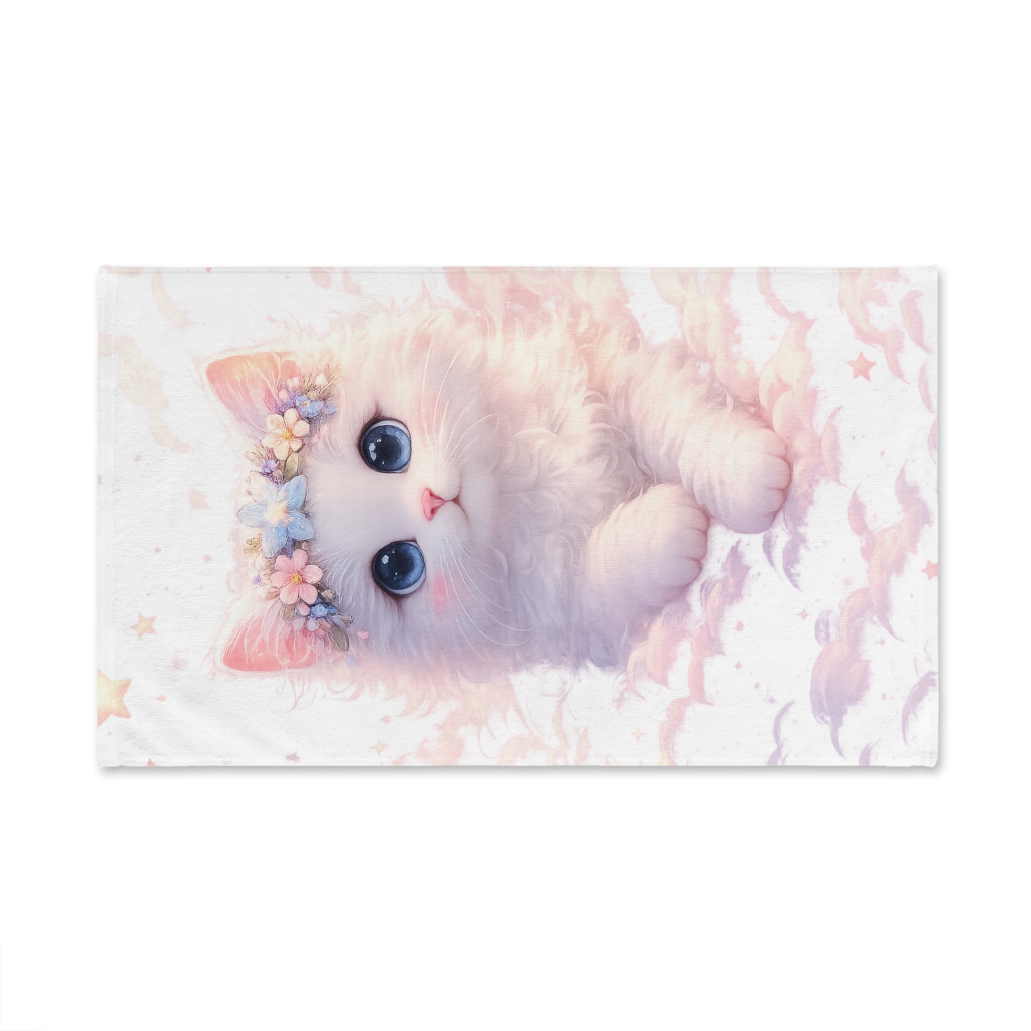 Angelic Kitten in Pastel Clouds Hand Towel | Floral Crown Nursery Towel