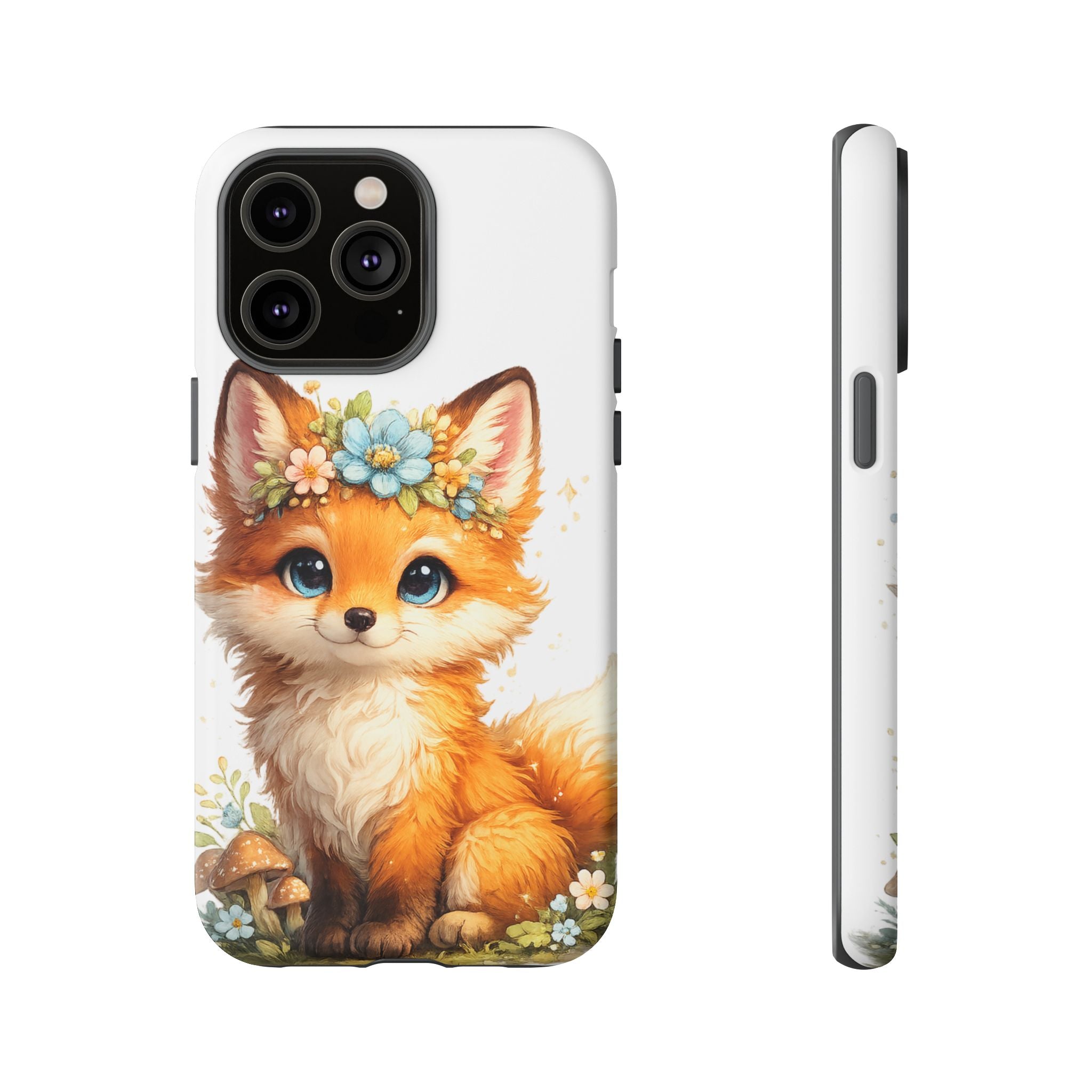 Woodland Fox Cub Phone Case — Protective Tough Case with Floral & Mushroom Art