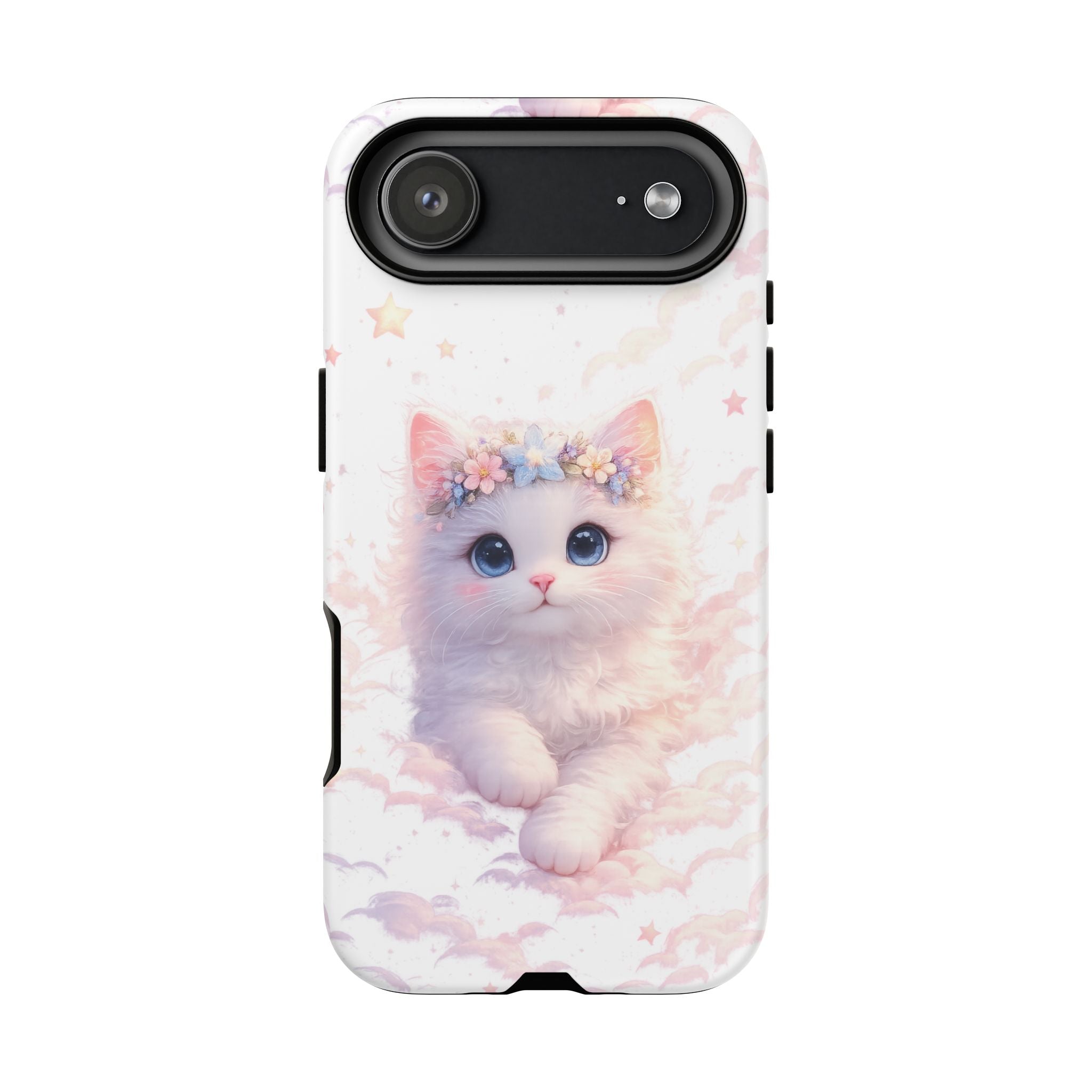 Cute Crowned Kitten Phone Case — Pastel Cloud & Star Protective Case
