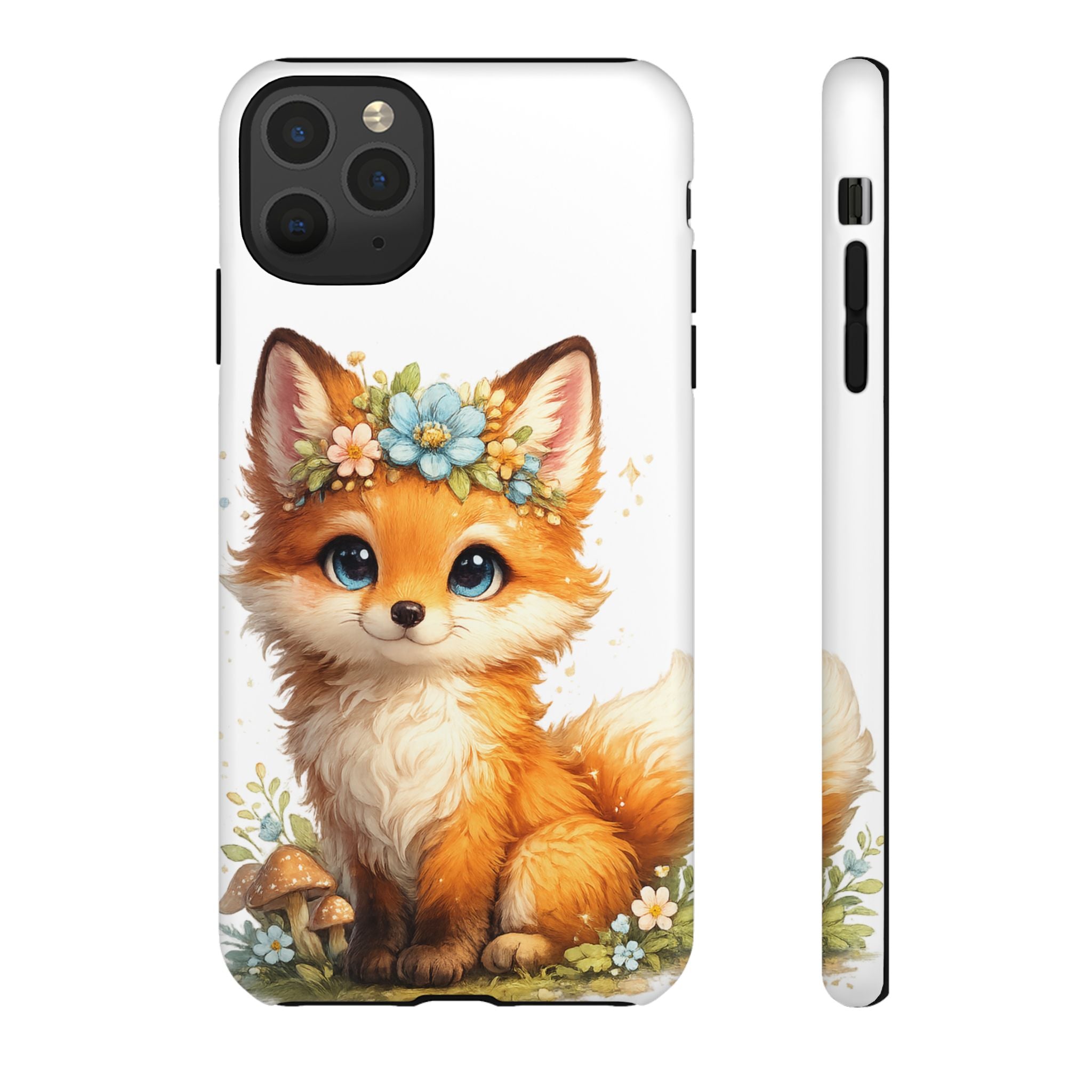 Woodland Fox Cub Phone Case — Protective Tough Case with Floral & Mushroom Art