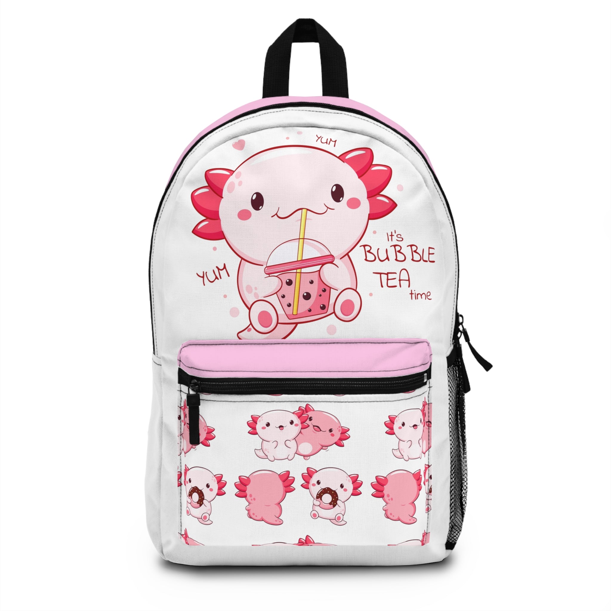 Axolotl Drinking Bubble Tea backpack | Cute Kawaii Pink Axolotl Boba Bag