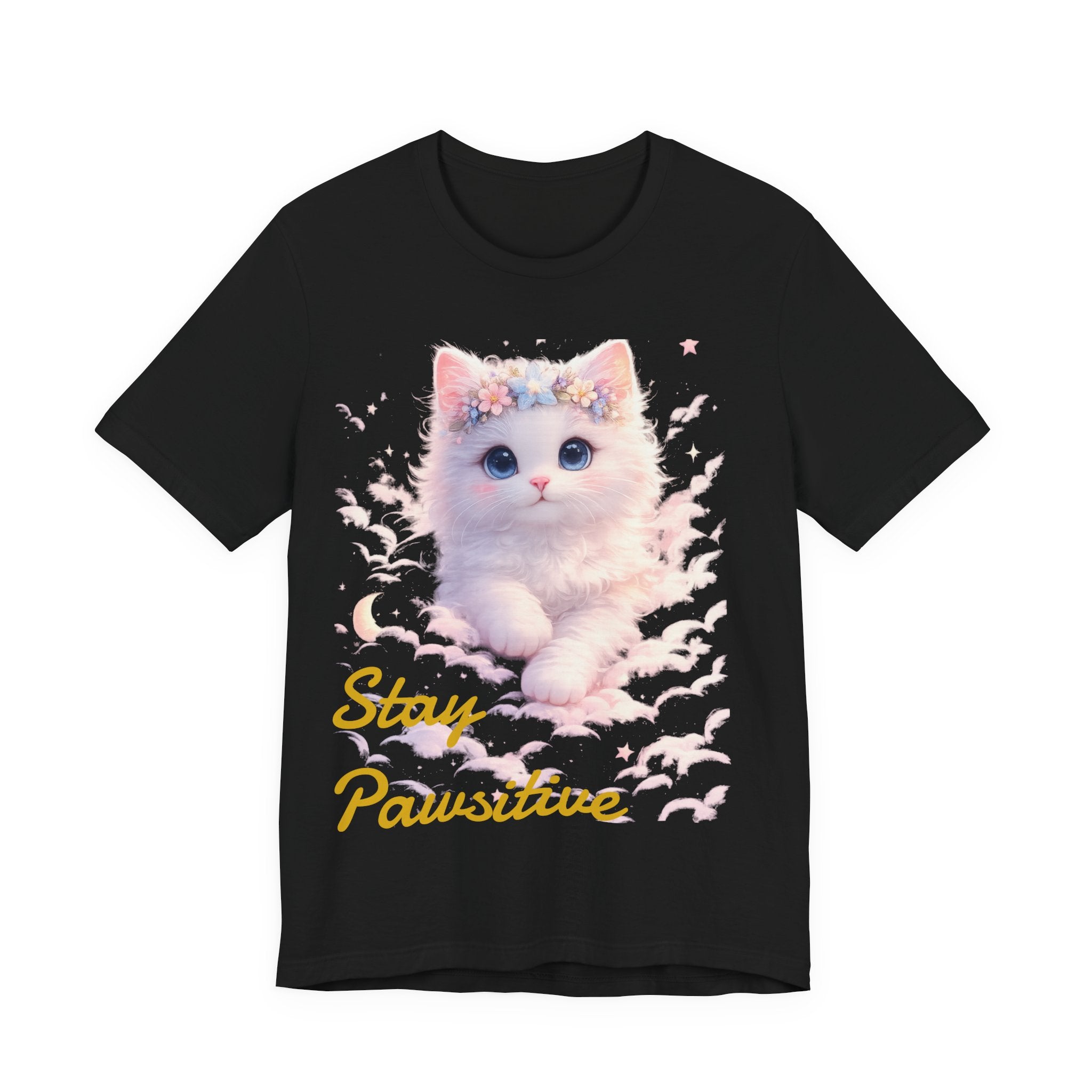 Stay Pawsitive Kitten Tee | Floral Crown Cat, Pastel Cloud Illustration