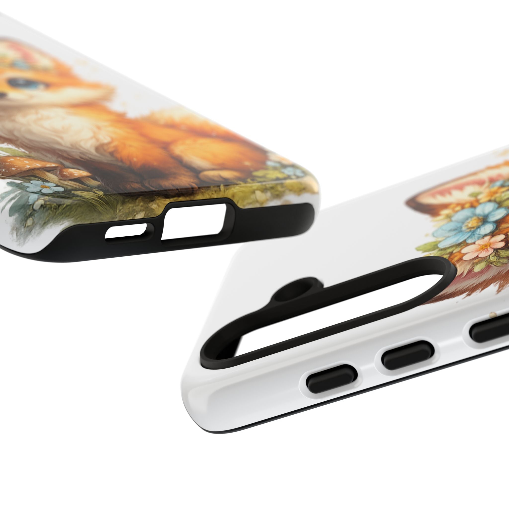 Woodland Fox Cub Phone Case — Protective Tough Case with Floral & Mushroom Art