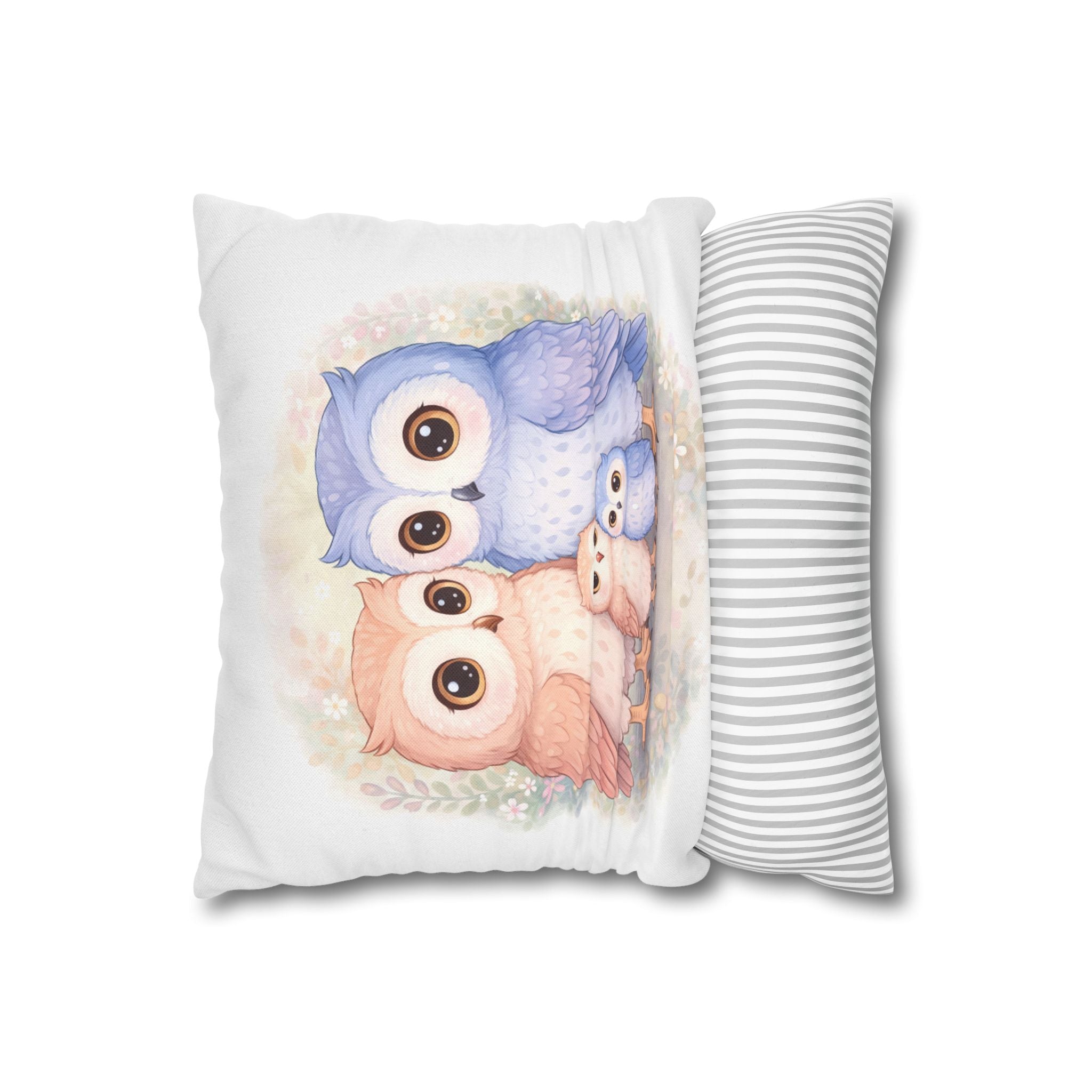 Watercolor Owlet Family Pillowcase Spun Polyester Square Pillowcase | Double-Sided