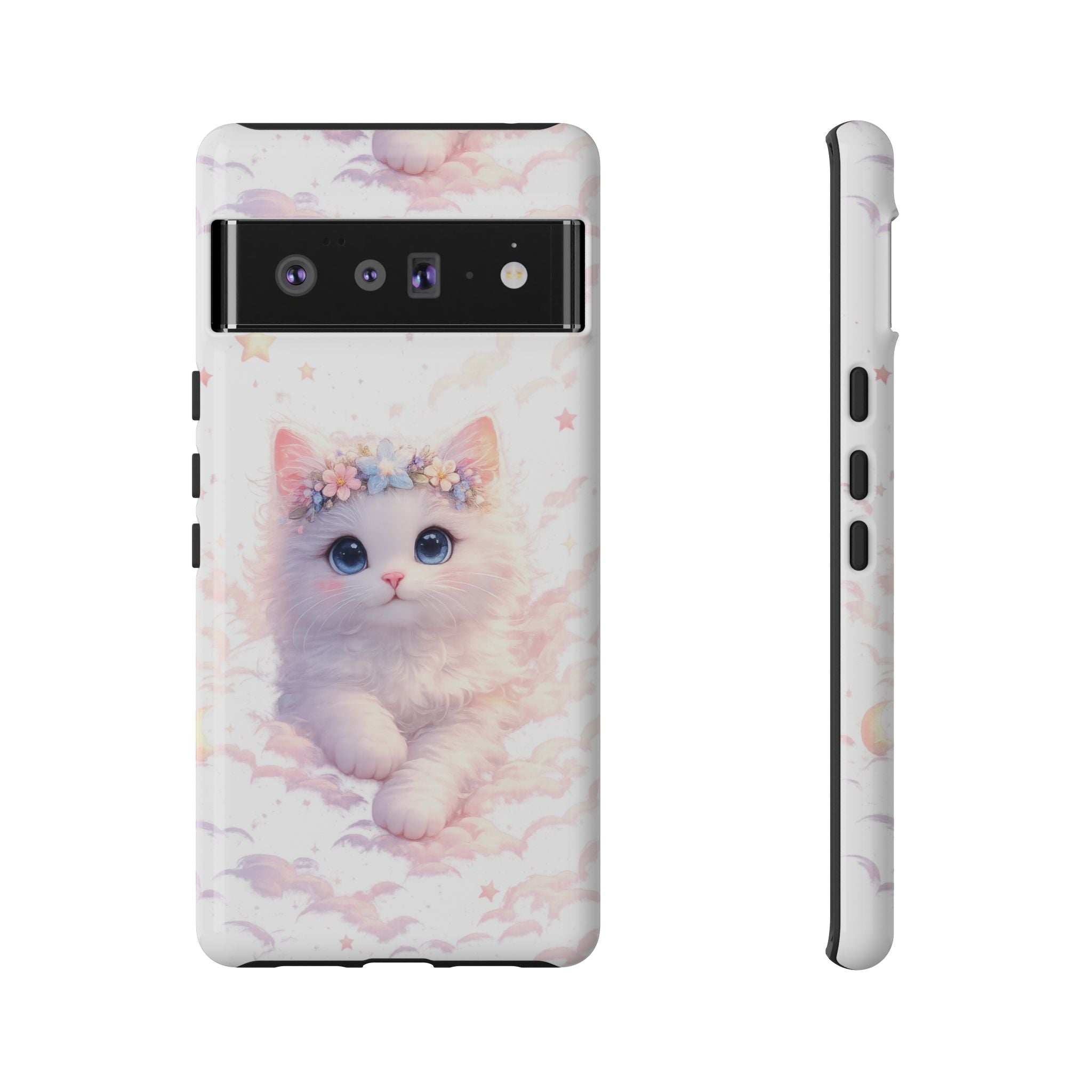 Cute Crowned Kitten Phone Case — Pastel Cloud & Star Protective Case