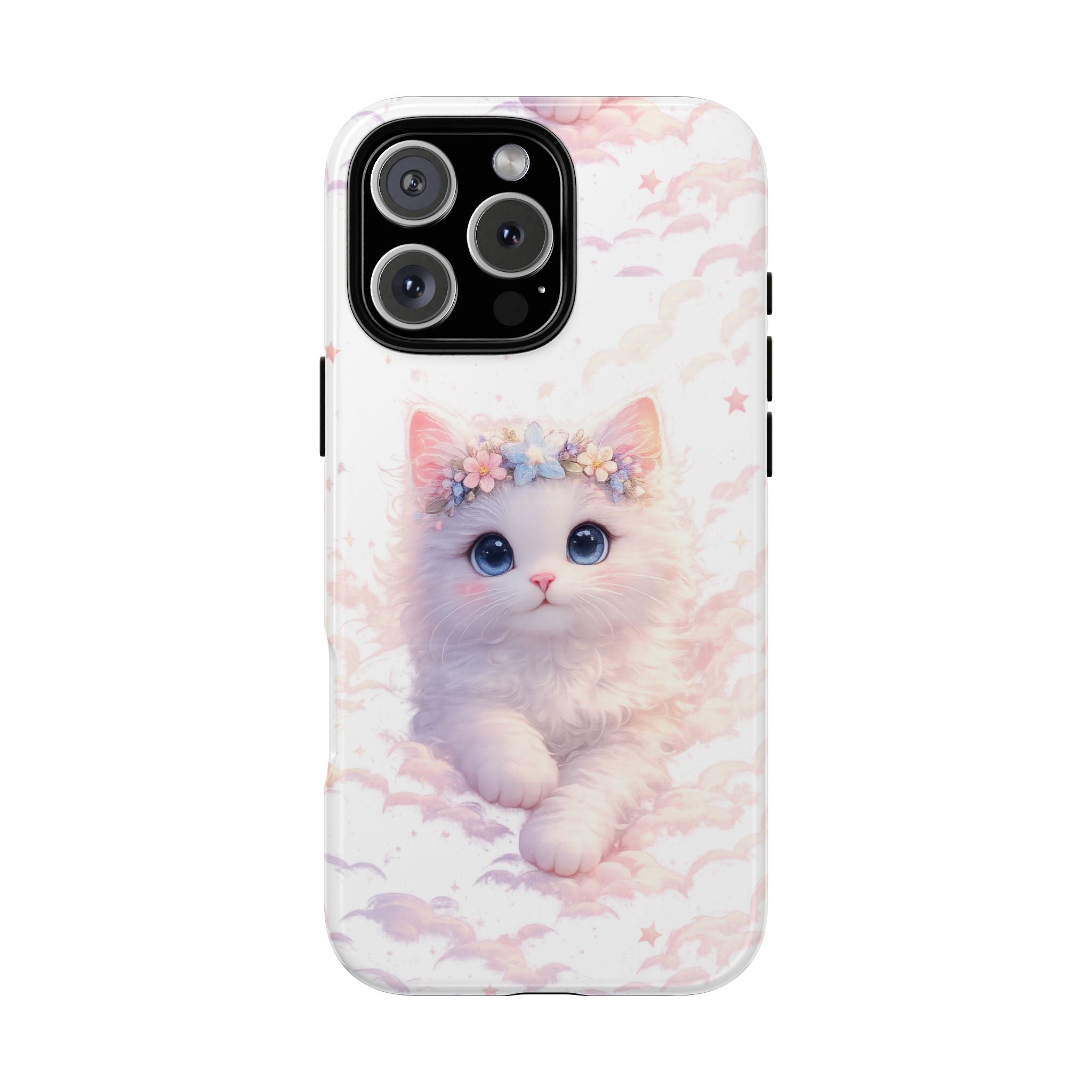 Cute Crowned Kitten Phone Case — Pastel Cloud & Star Protective Case