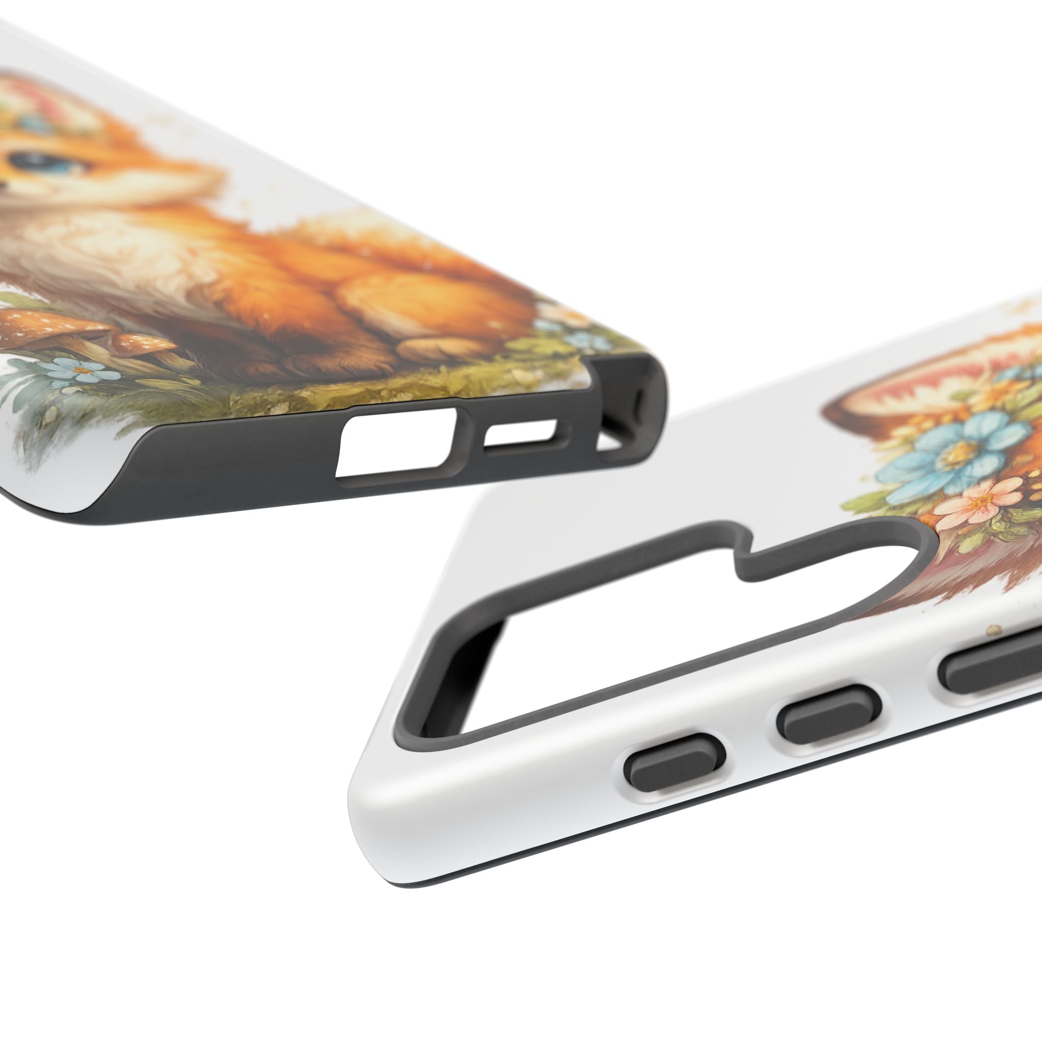 Woodland Fox Cub Phone Case — Protective Tough Case with Floral & Mushroom Art