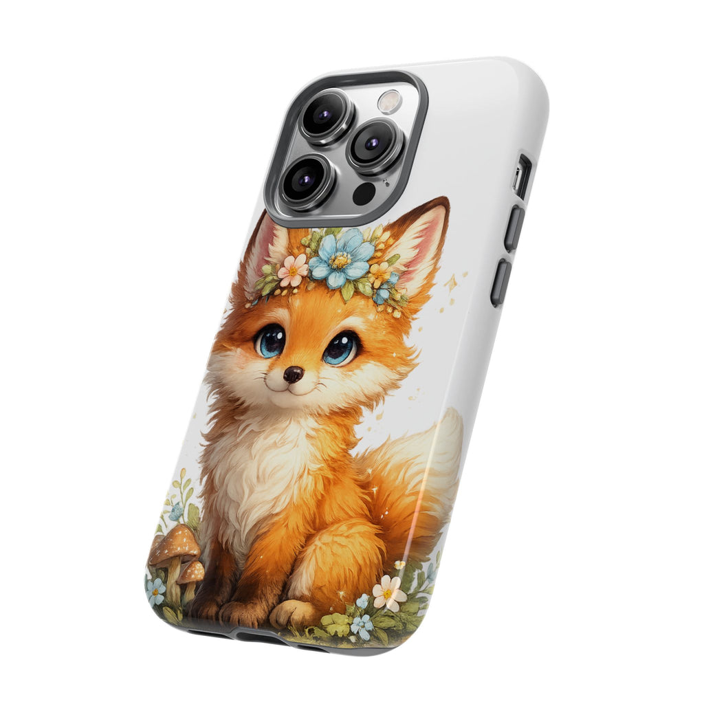 Woodland Fox Cub Phone Case — Protective Tough Case with Floral & Mushroom Art