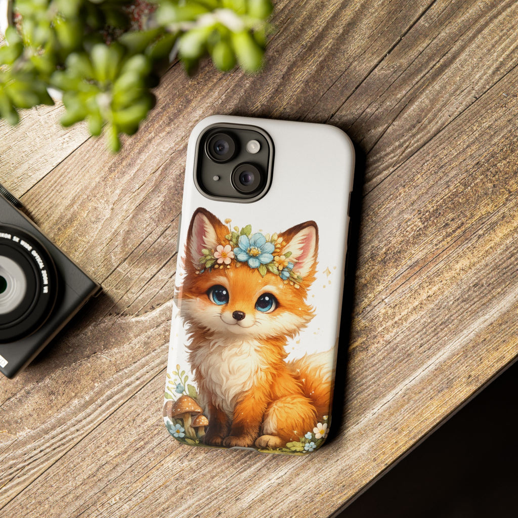 Woodland Fox Cub Phone Case — Protective Tough Case with Floral & Mushroom Art