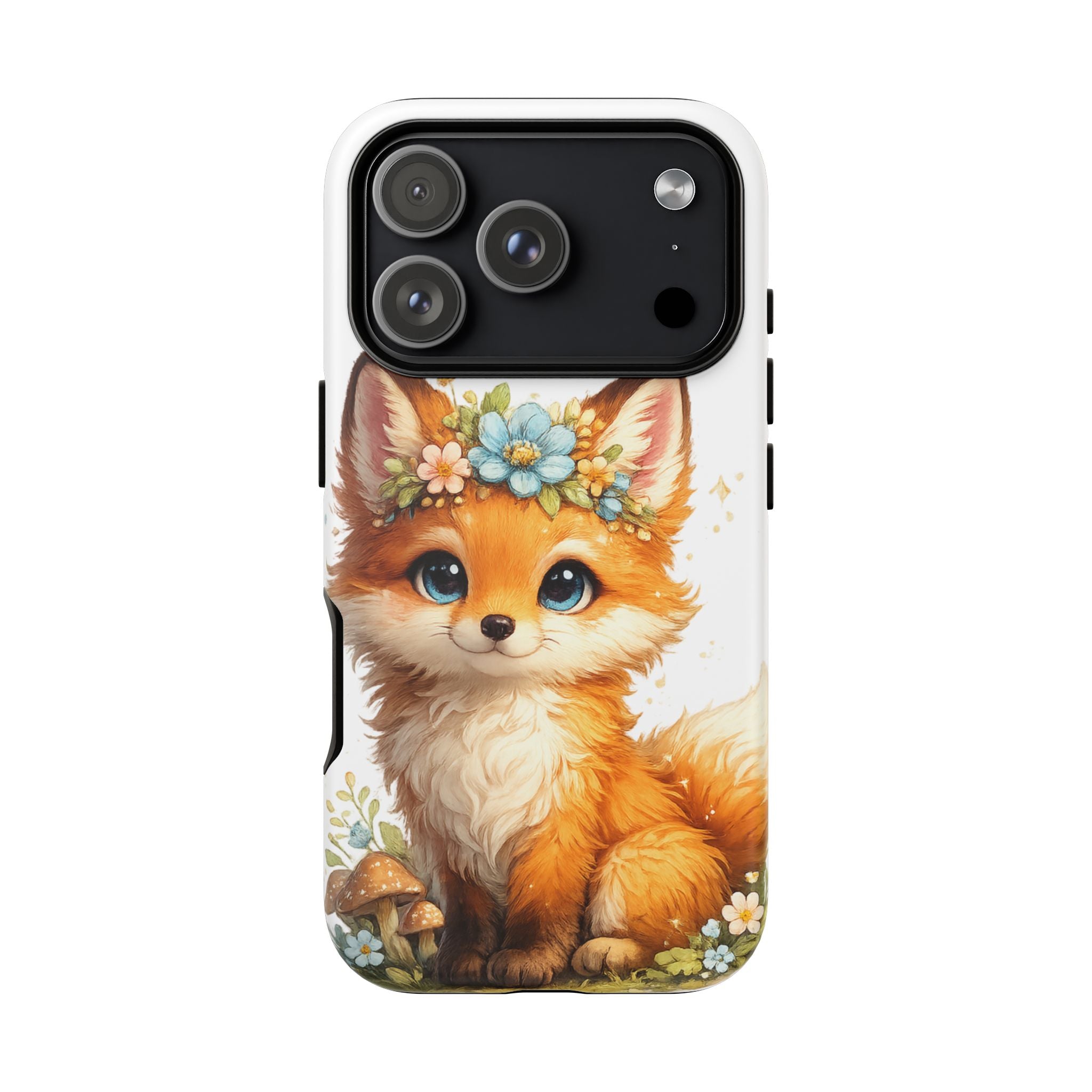 Woodland Fox Cub Phone Case — Protective Tough Case with Floral & Mushroom Art