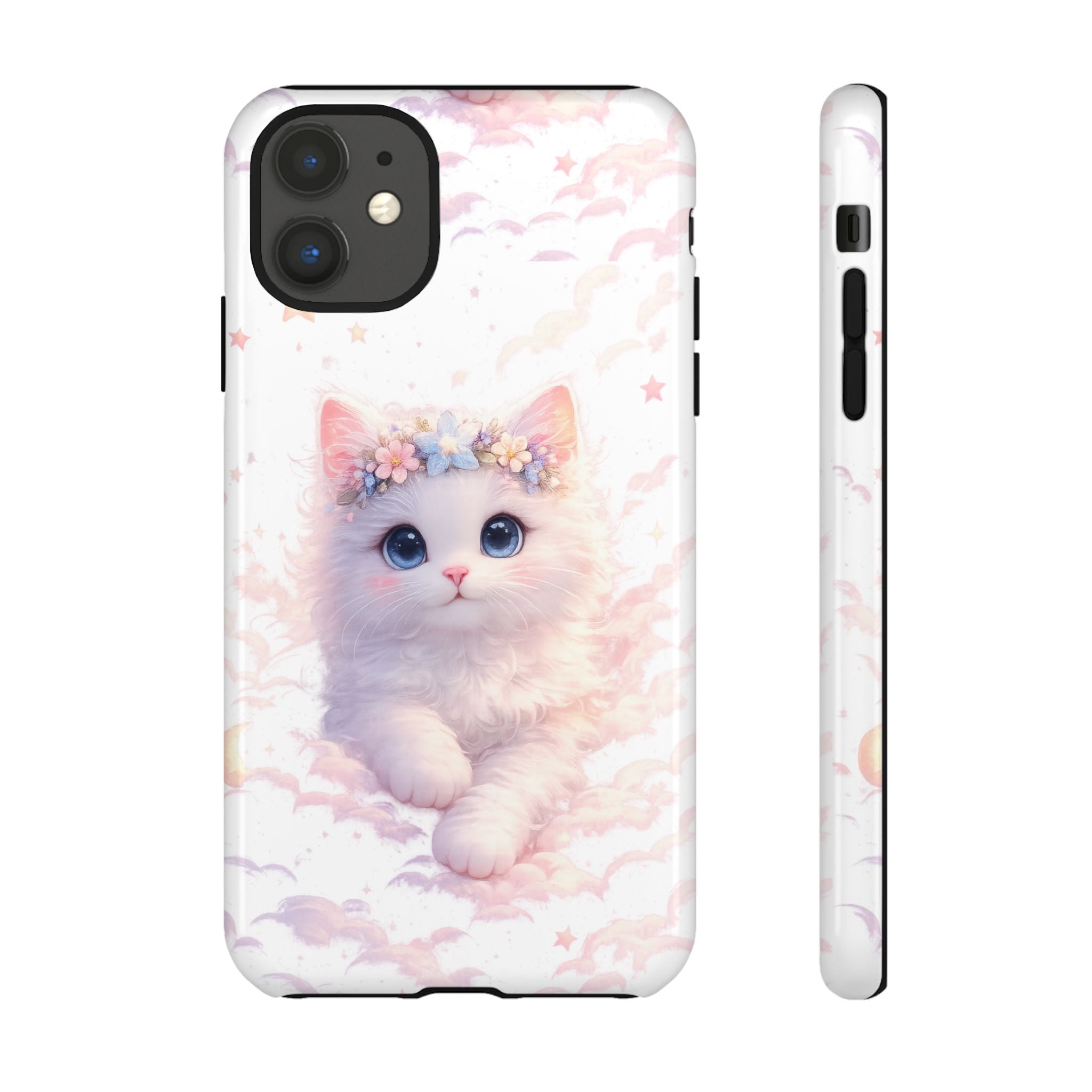 Cute Crowned Kitten Phone Case — Pastel Cloud & Star Protective Case