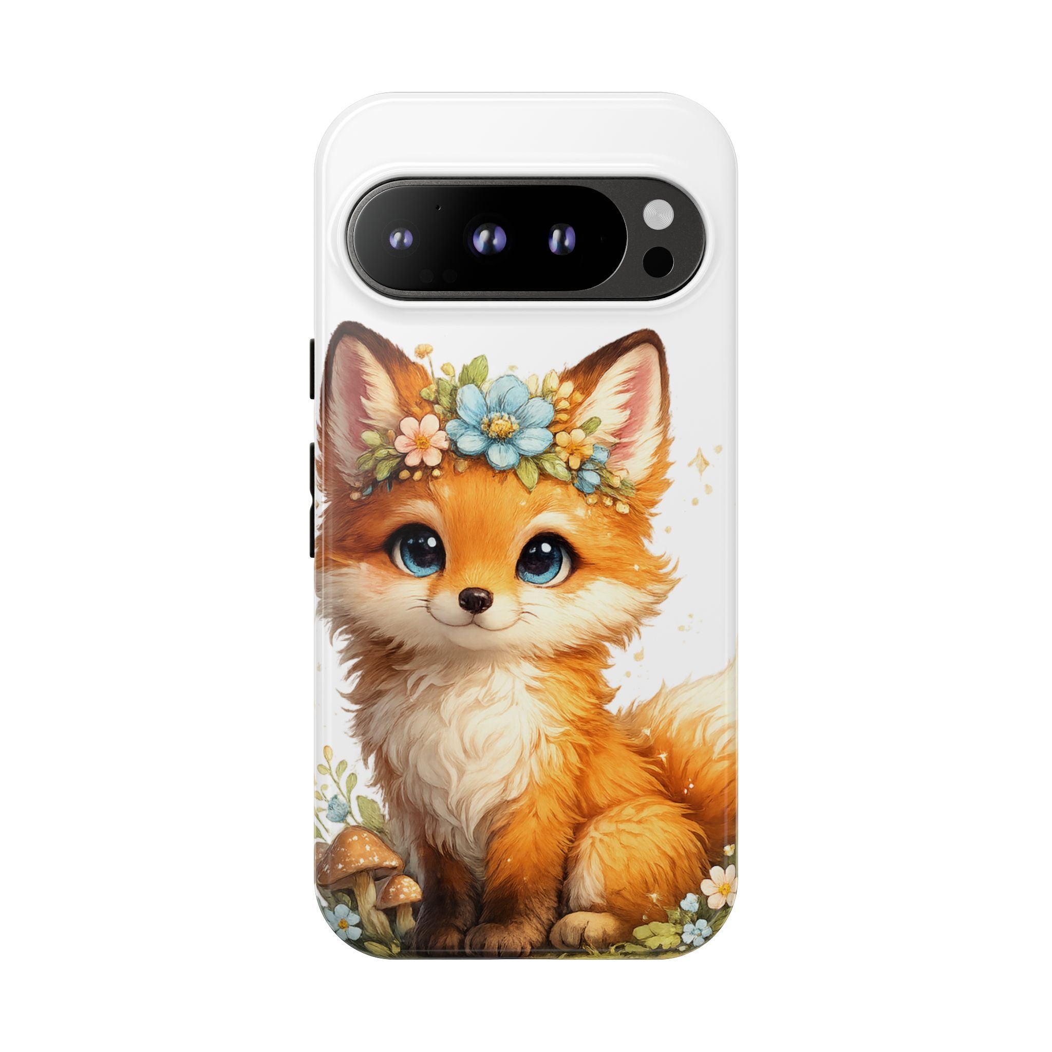 Woodland Fox Cub Phone Case — Protective Tough Case with Floral & Mushroom Art