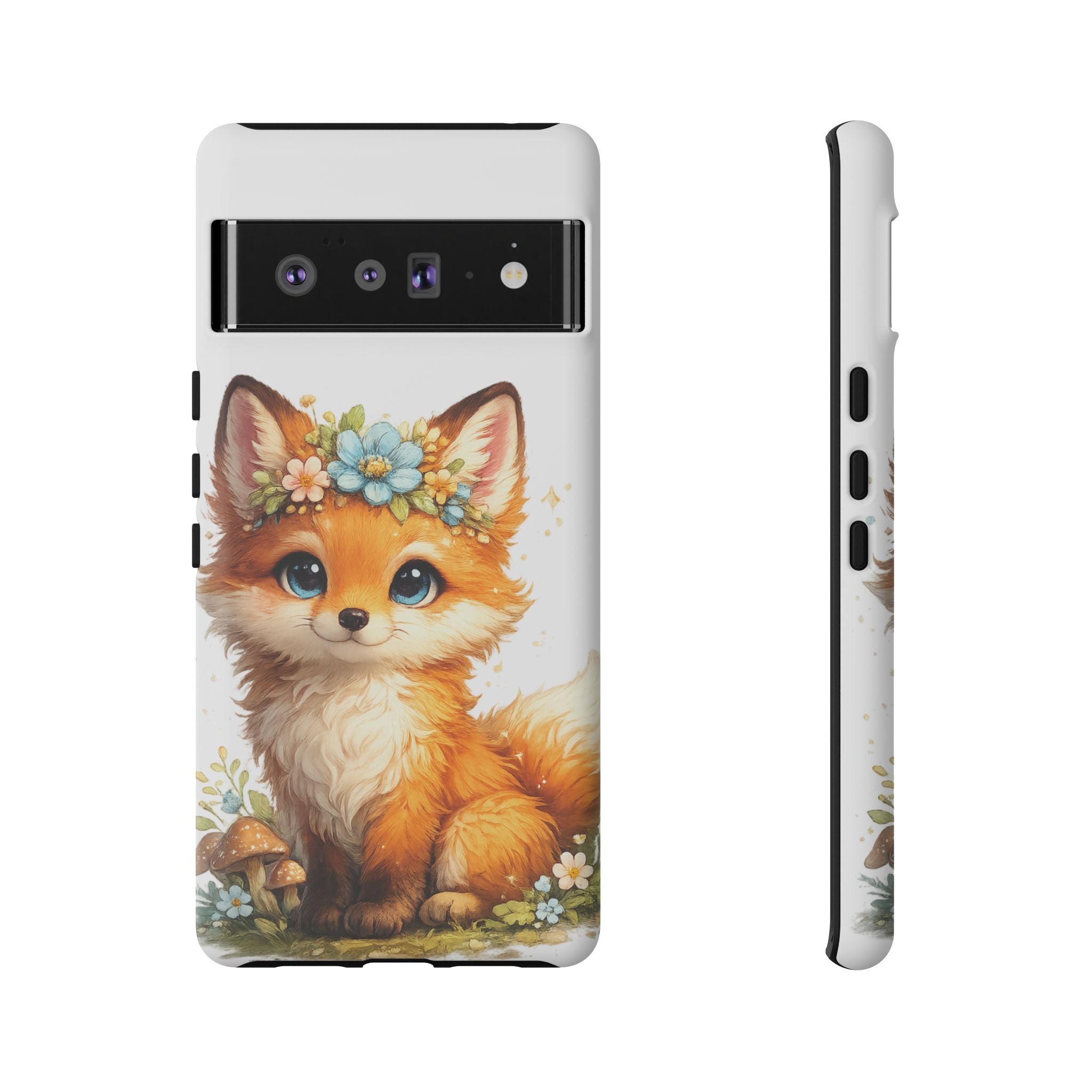 Woodland Fox Cub Phone Case — Protective Tough Case with Floral & Mushroom Art