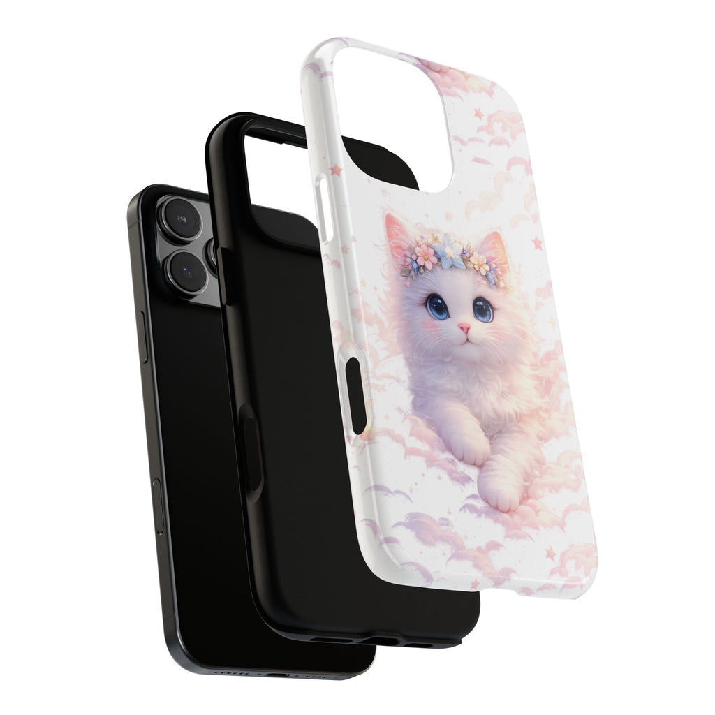 Cute Crowned Kitten Phone Case — Pastel Cloud & Star Protective Case
