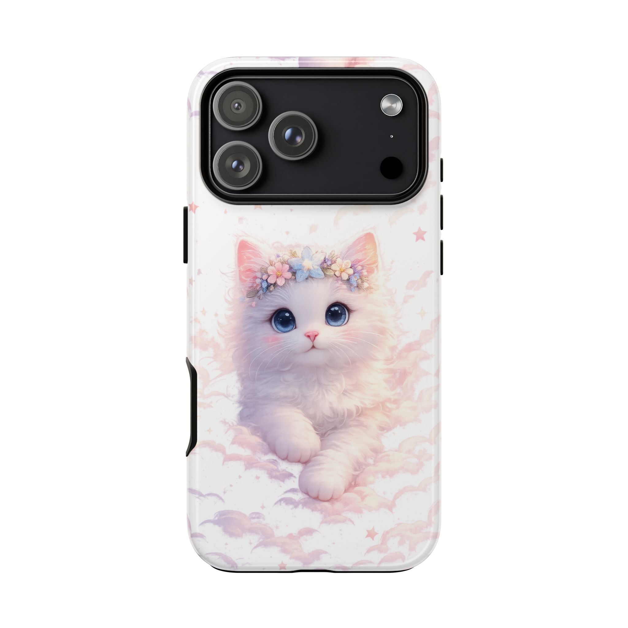Cute Crowned Kitten Phone Case — Pastel Cloud & Star Protective Case