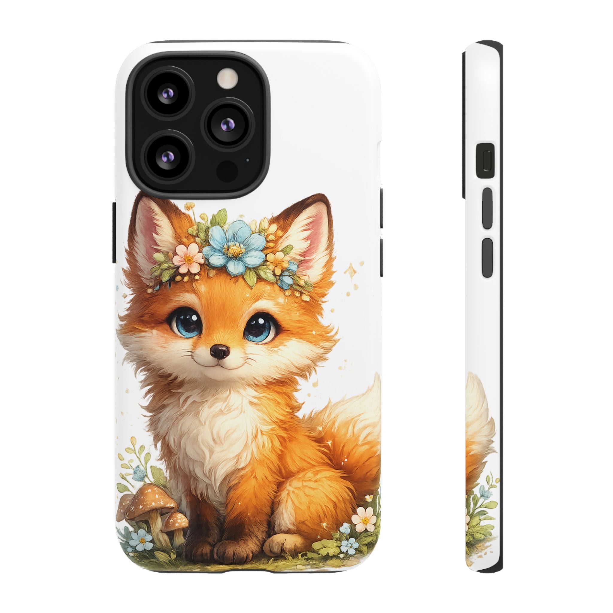 Woodland Fox Cub Phone Case — Protective Tough Case with Floral & Mushroom Art