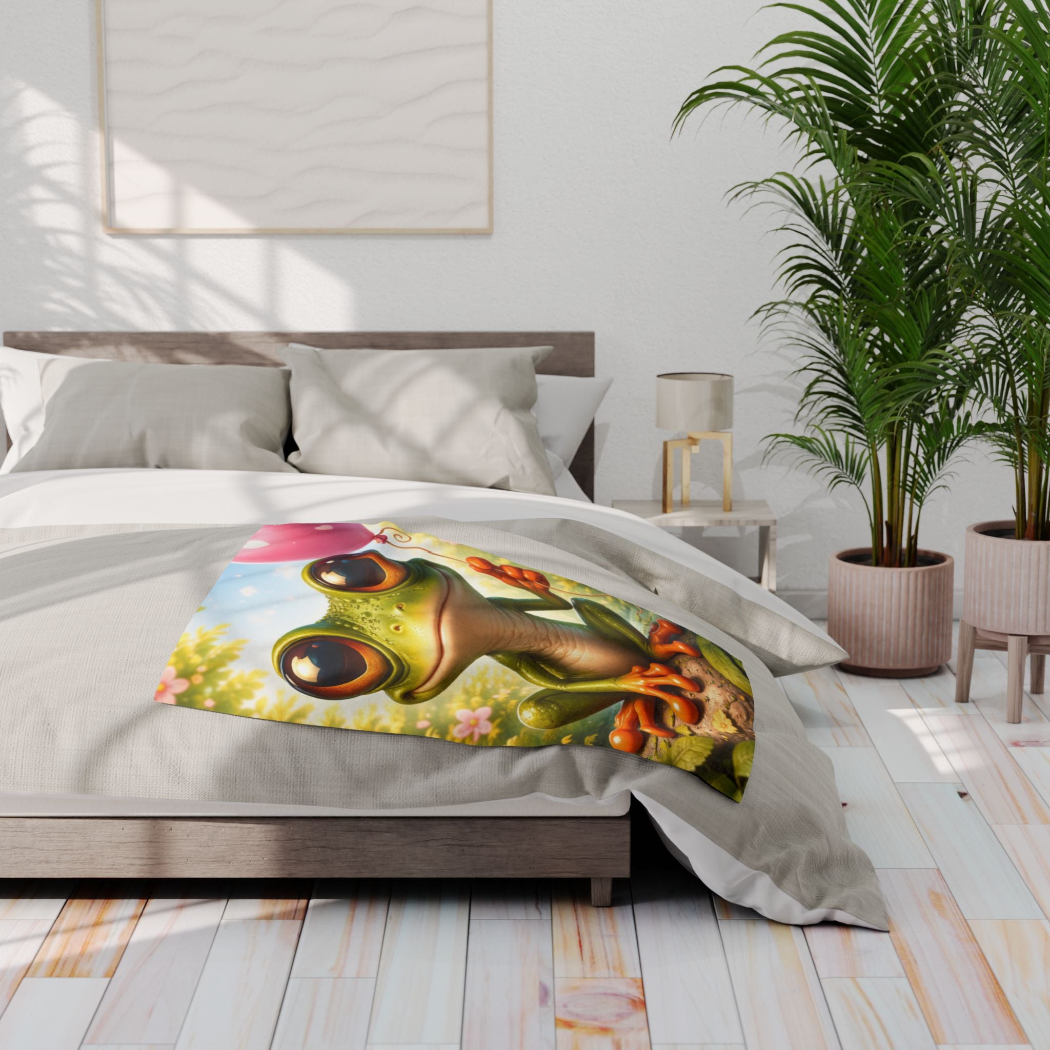 Whimsical Frog with Heart Balloon Plush Fleece Blanket | Cozy Storytime Throw