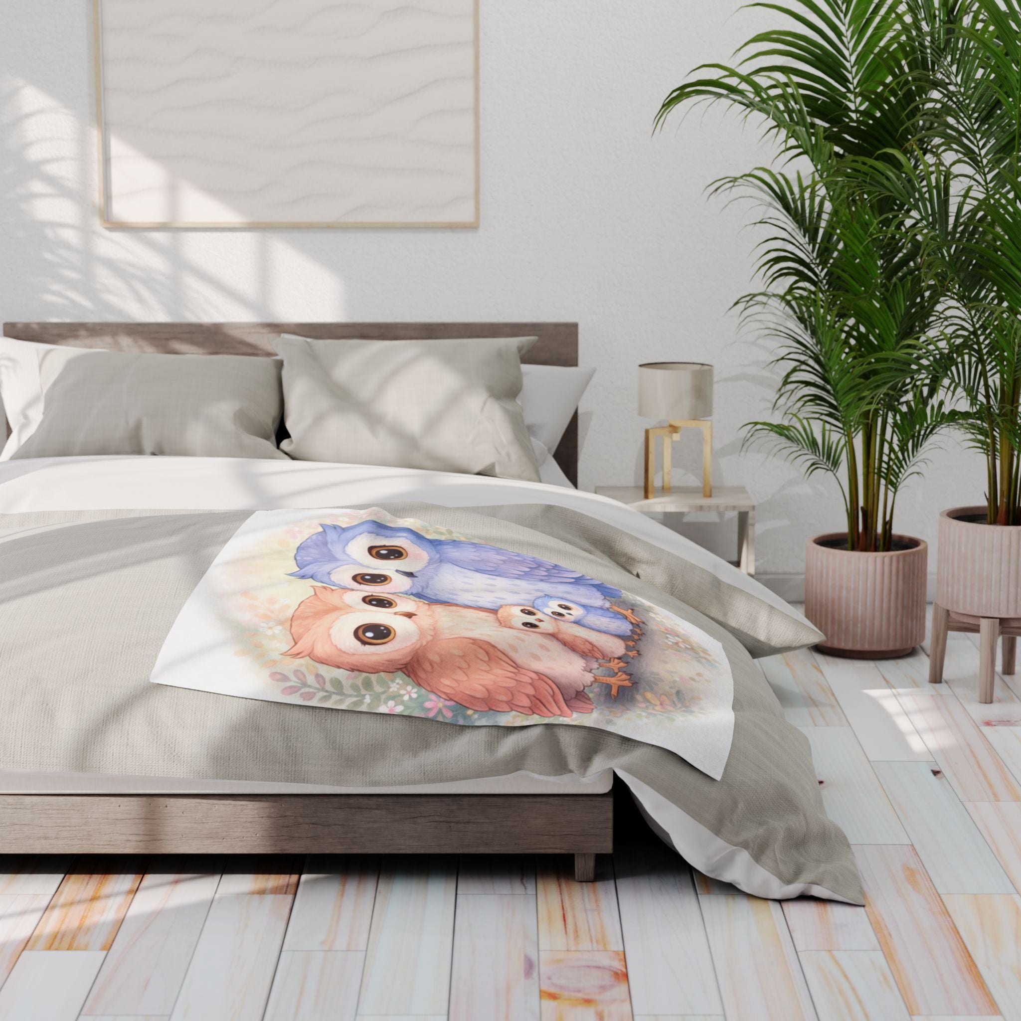 Pastel Owl Family Arctic Fleece Blanket | Cute Nursery Bird Throw