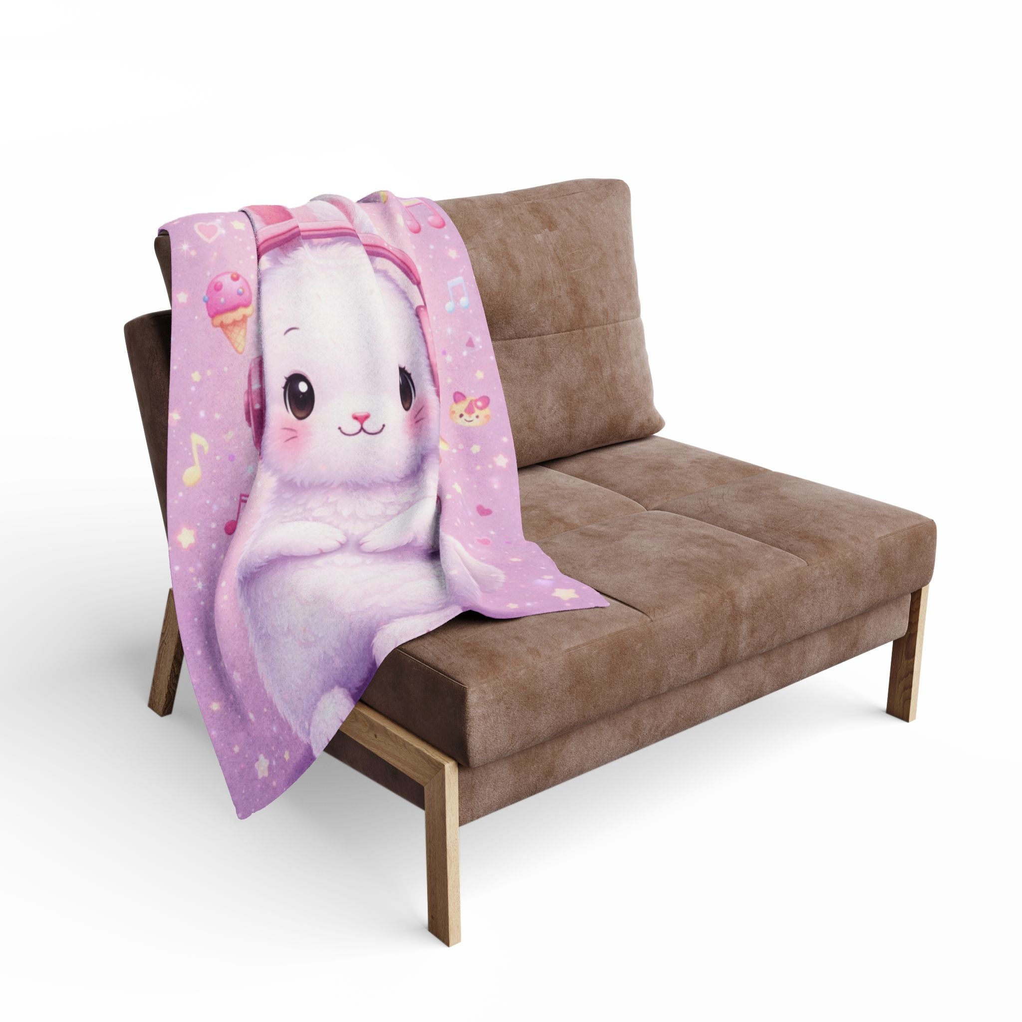 Kawaii Bunny with Pink Headphones Arctic Fleece Blanket | Pastel Sweets Cozy Throw