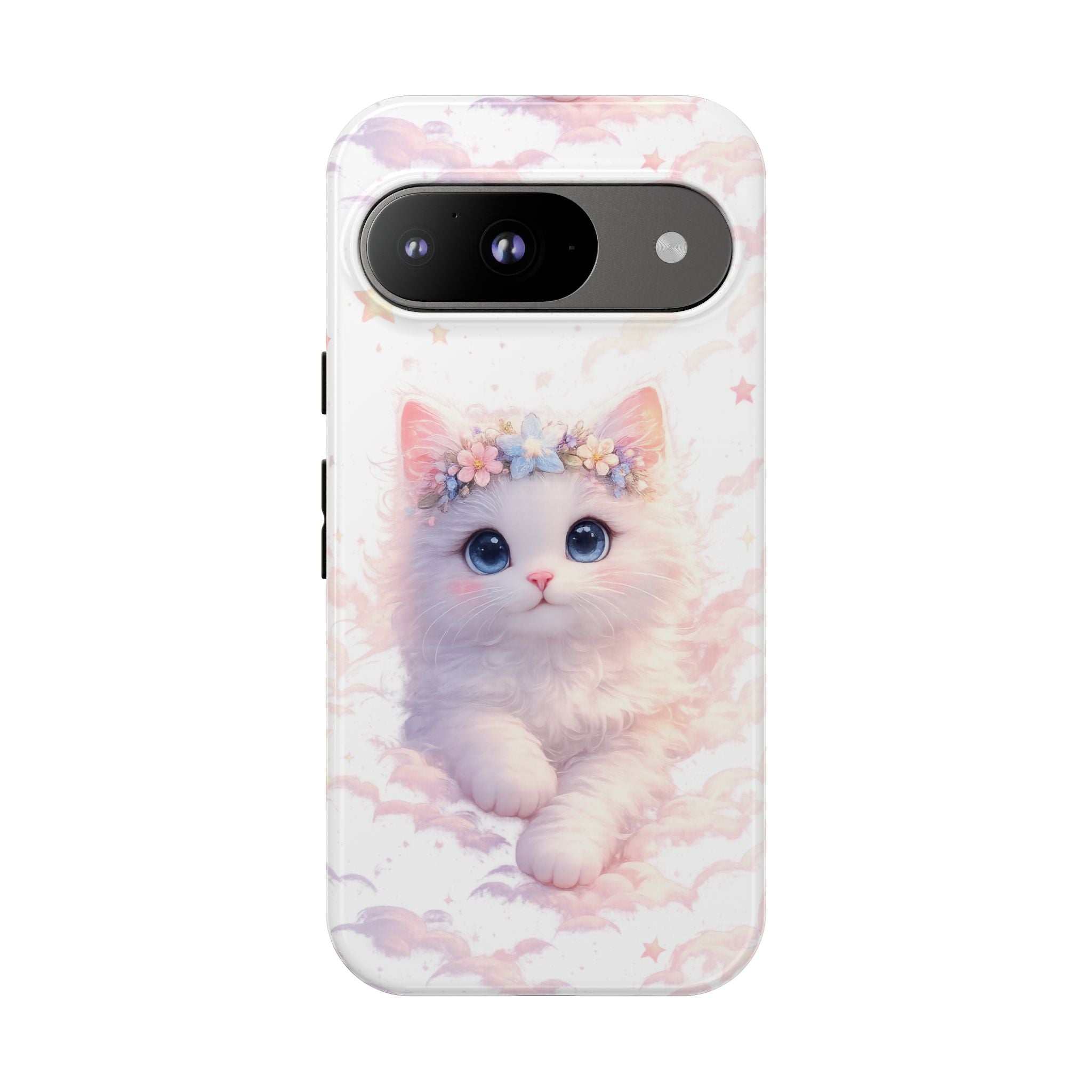 Cute Crowned Kitten Phone Case — Pastel Cloud & Star Protective Case
