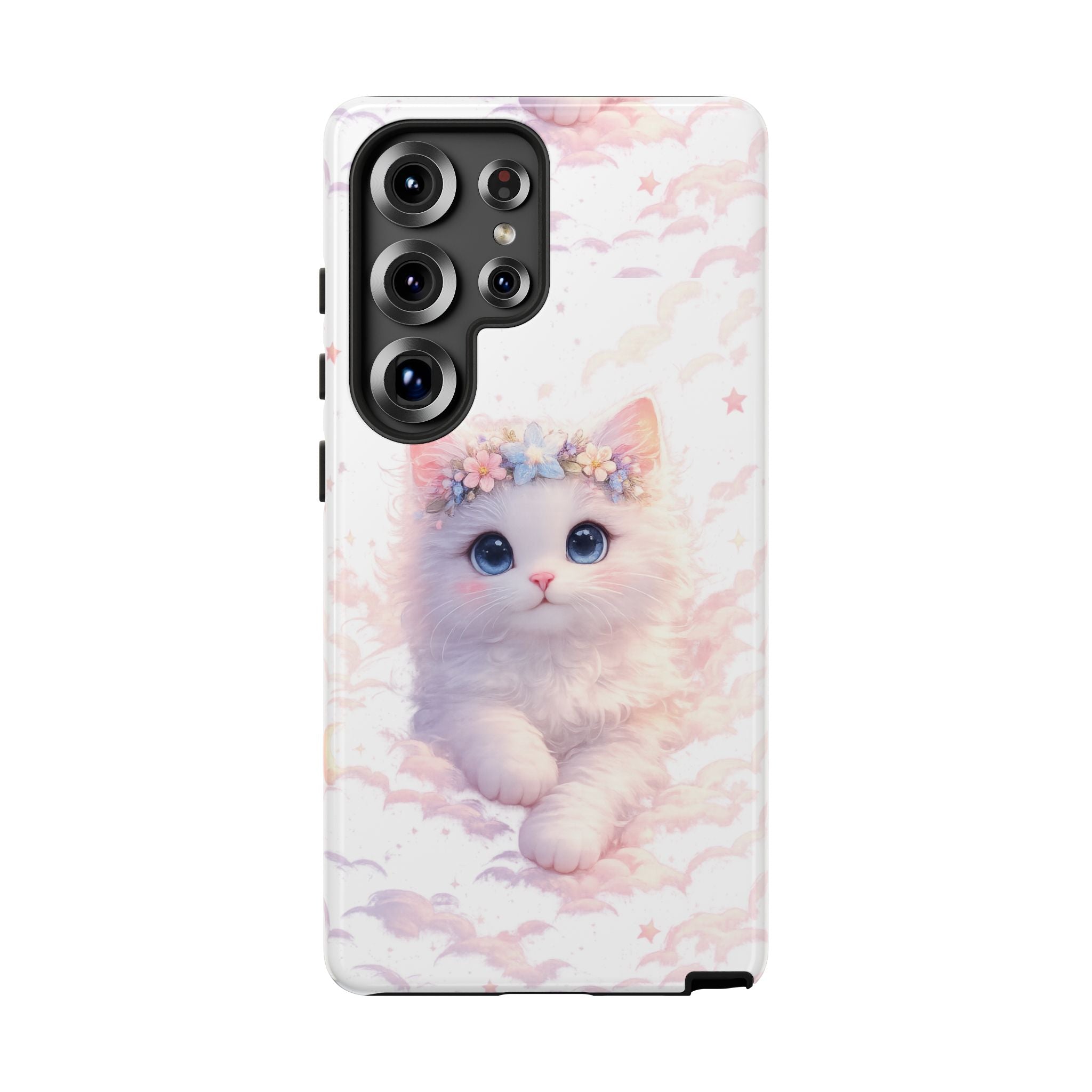 Cute Crowned Kitten Phone Case — Pastel Cloud & Star Protective Case