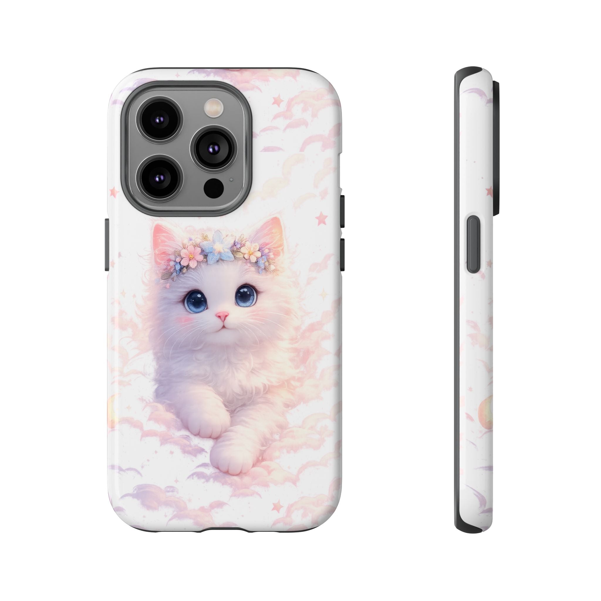 Cute Crowned Kitten Phone Case — Pastel Cloud & Star Protective Case