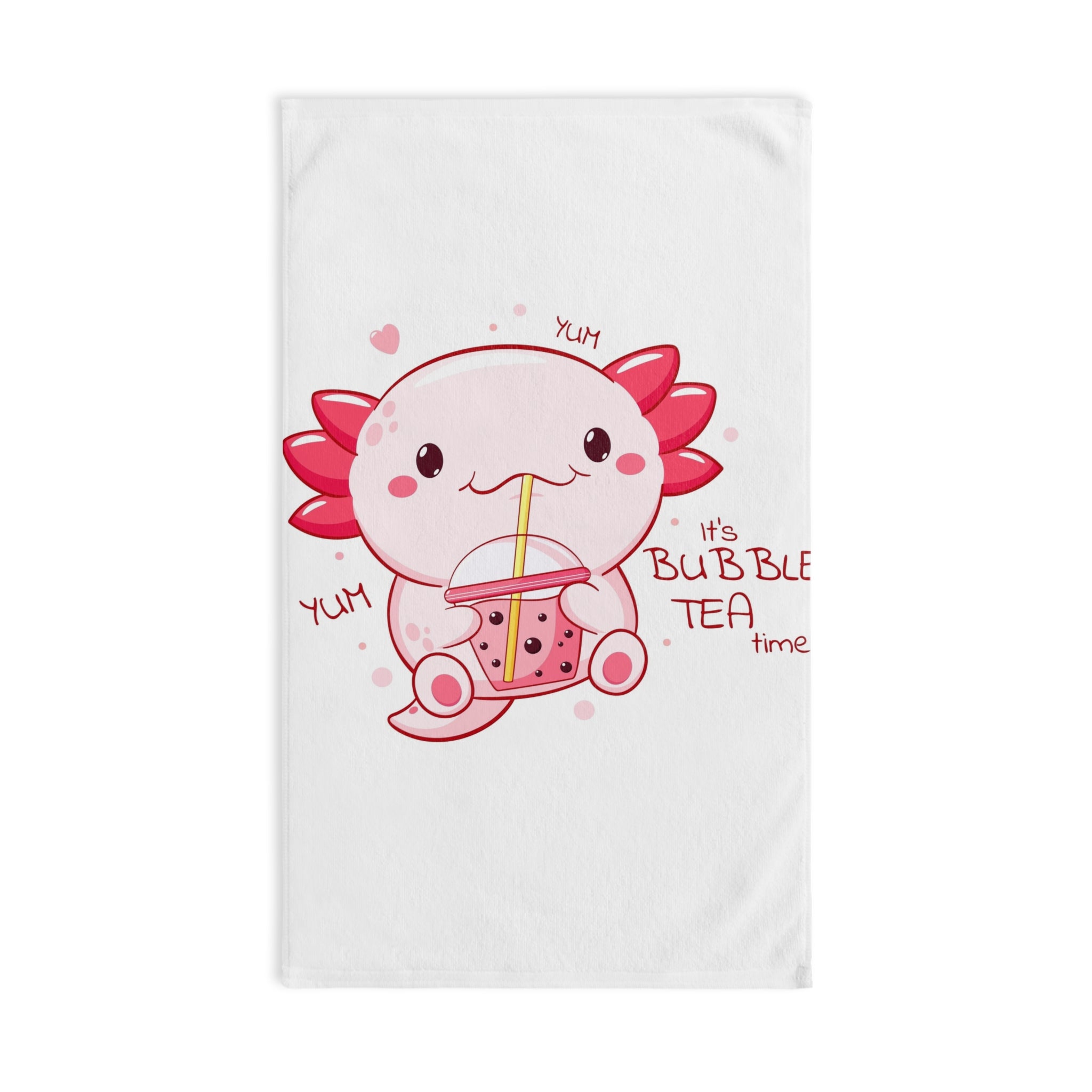 Cute Axolotl Drinking Bubble Tea Hand Towel | Kawaii Boba Design