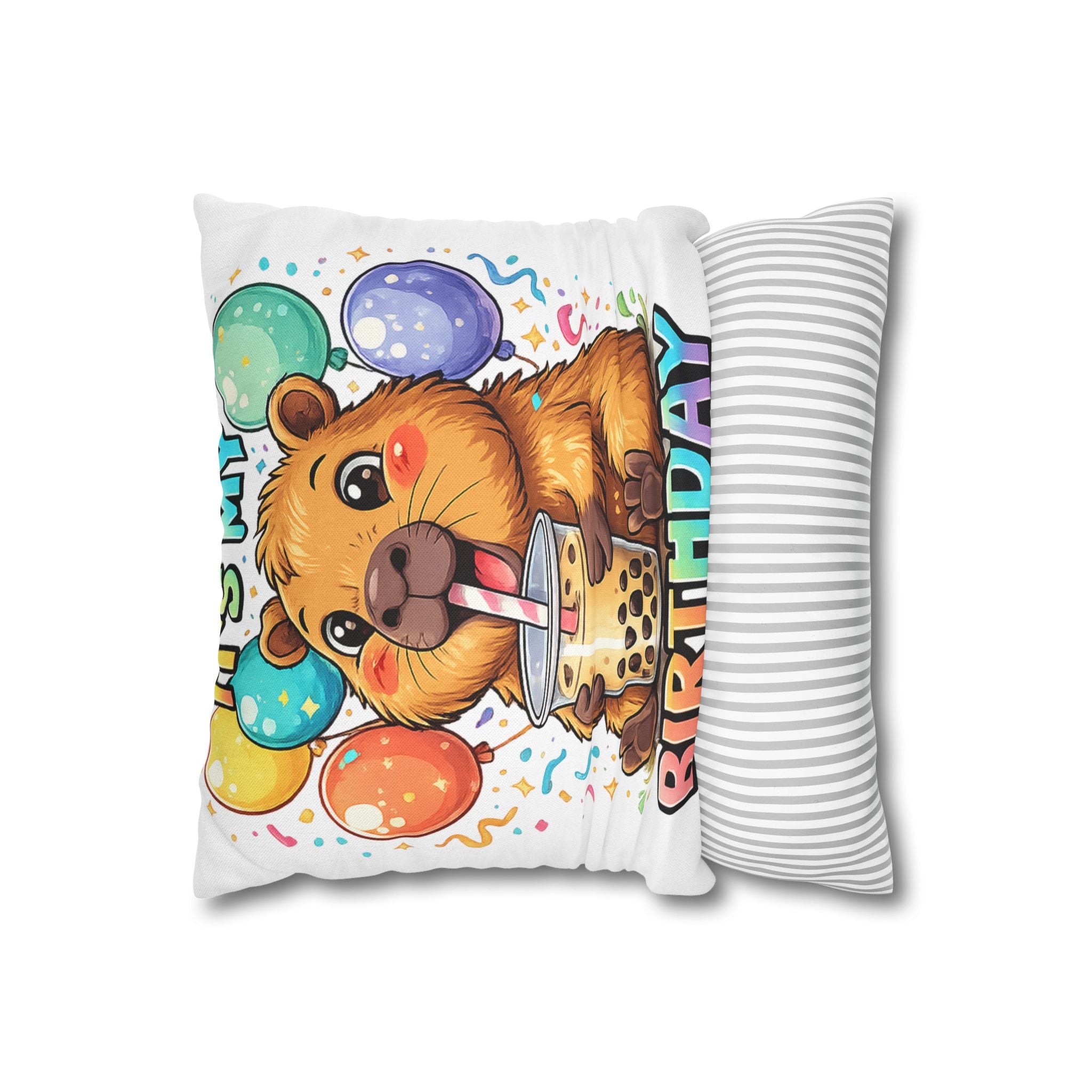 Cute Guinea Pig Drinking Bubble Tea Pillowcase | Birthday Balloon Design