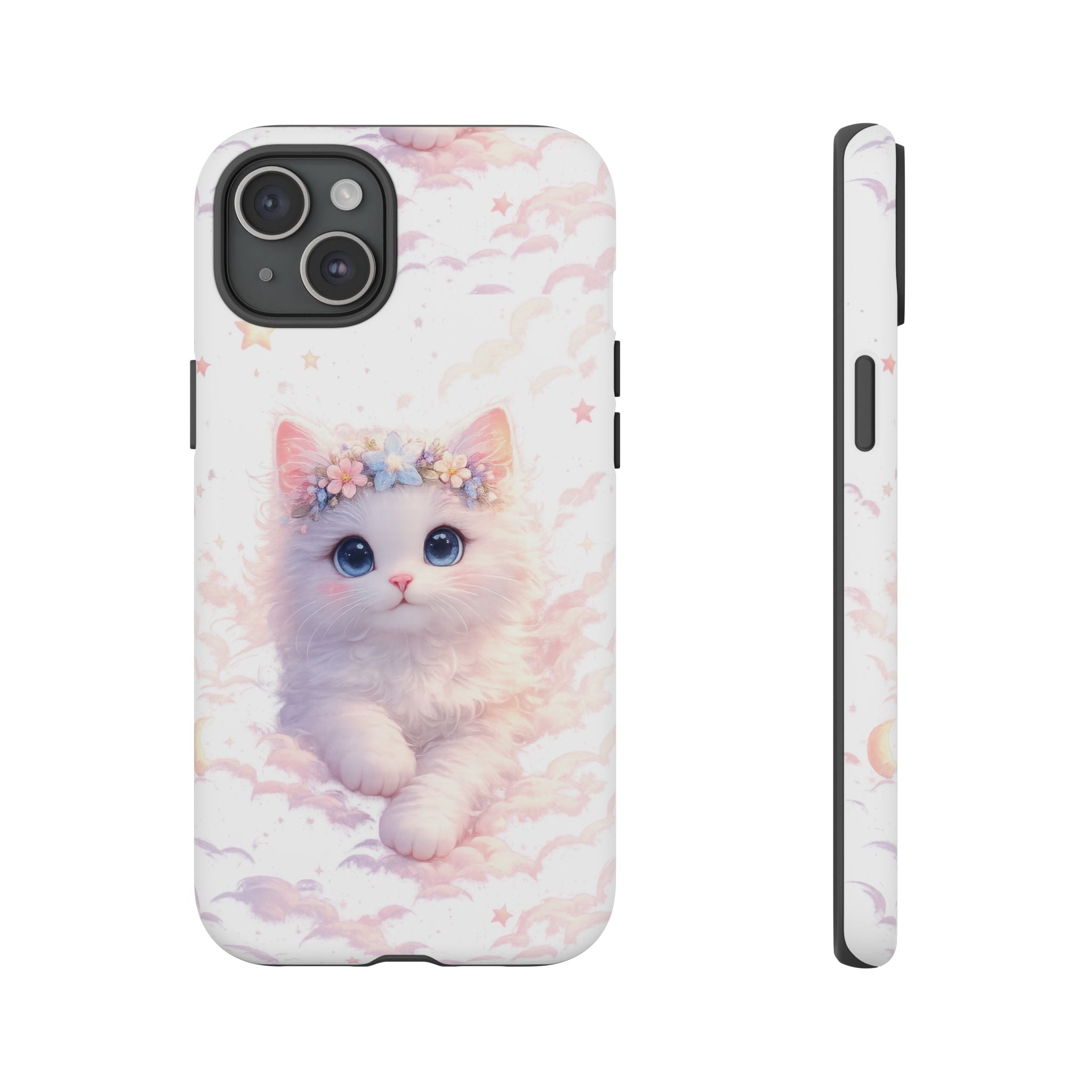 Cute Crowned Kitten Phone Case — Pastel Cloud & Star Protective Case