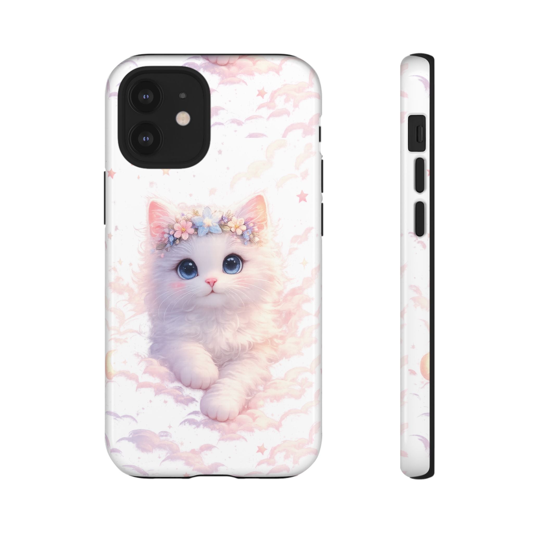 Cute Crowned Kitten Phone Case — Pastel Cloud & Star Protective Case