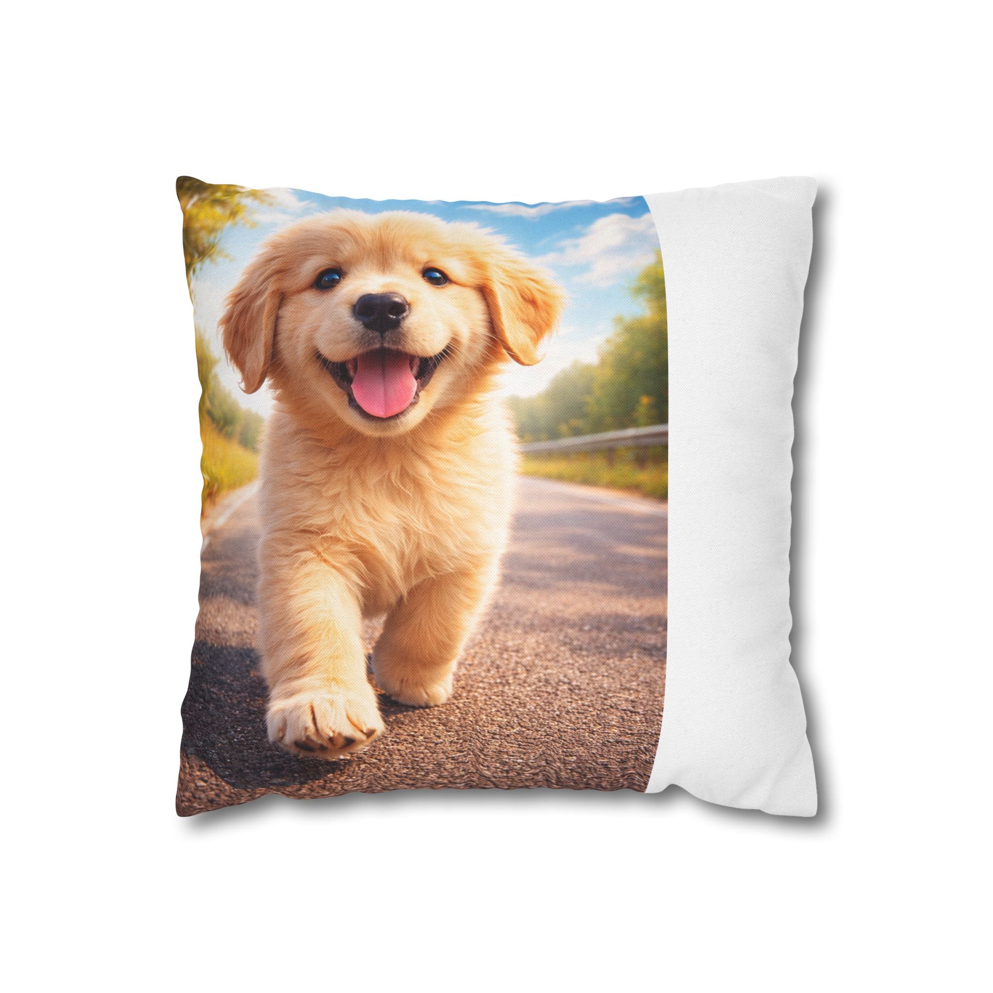 Joyful Golden Puppy Running Square Pillowcase | Spun Polyester