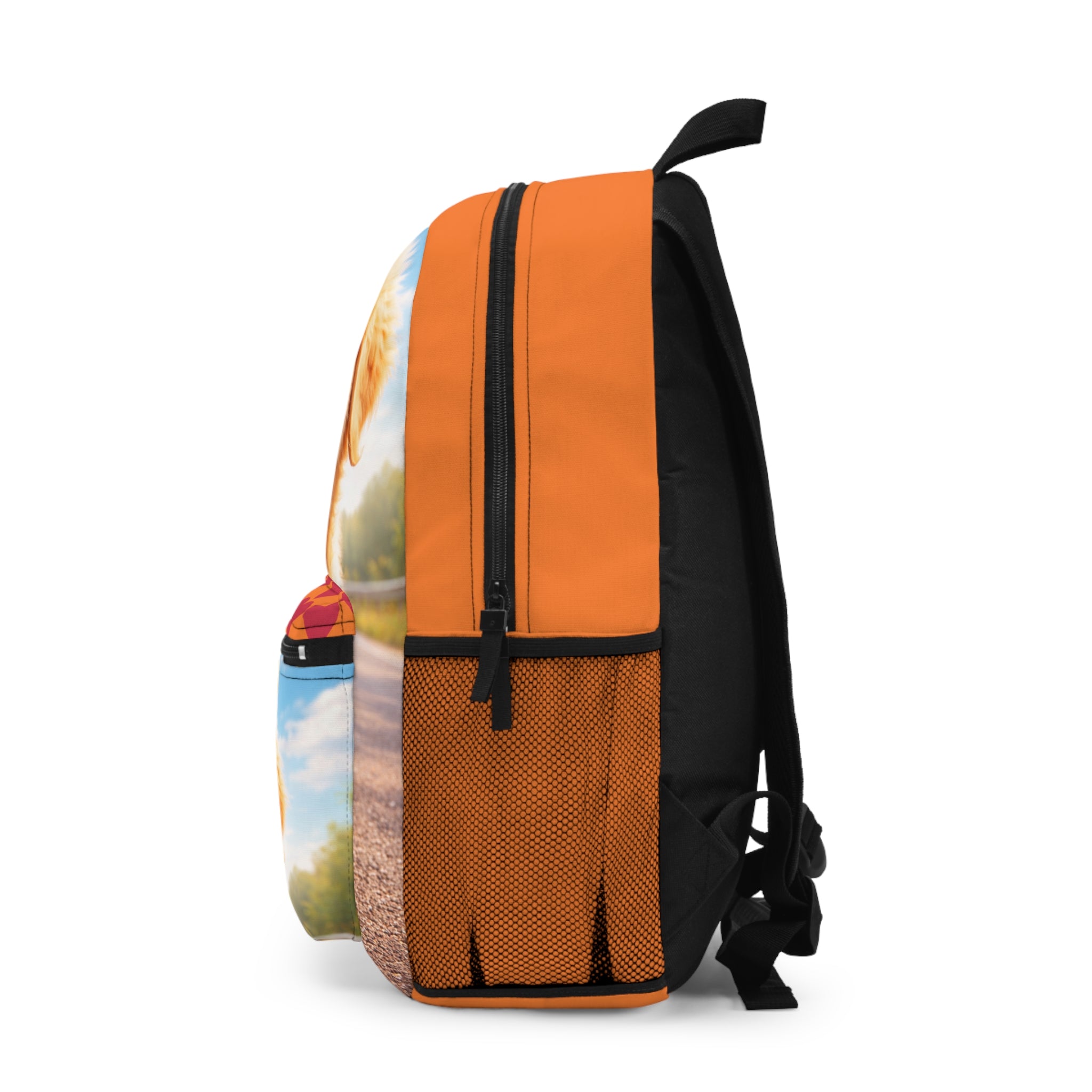 Golden Puppy Print Backpack | Orange Heart Pocket, Lightweight Daypack
