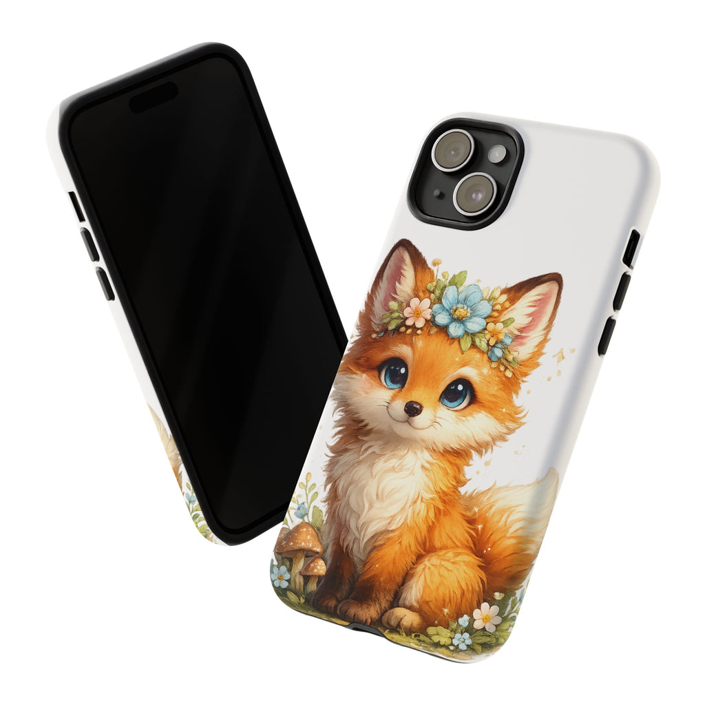 Woodland Fox Cub Phone Case — Protective Tough Case with Floral & Mushroom Art