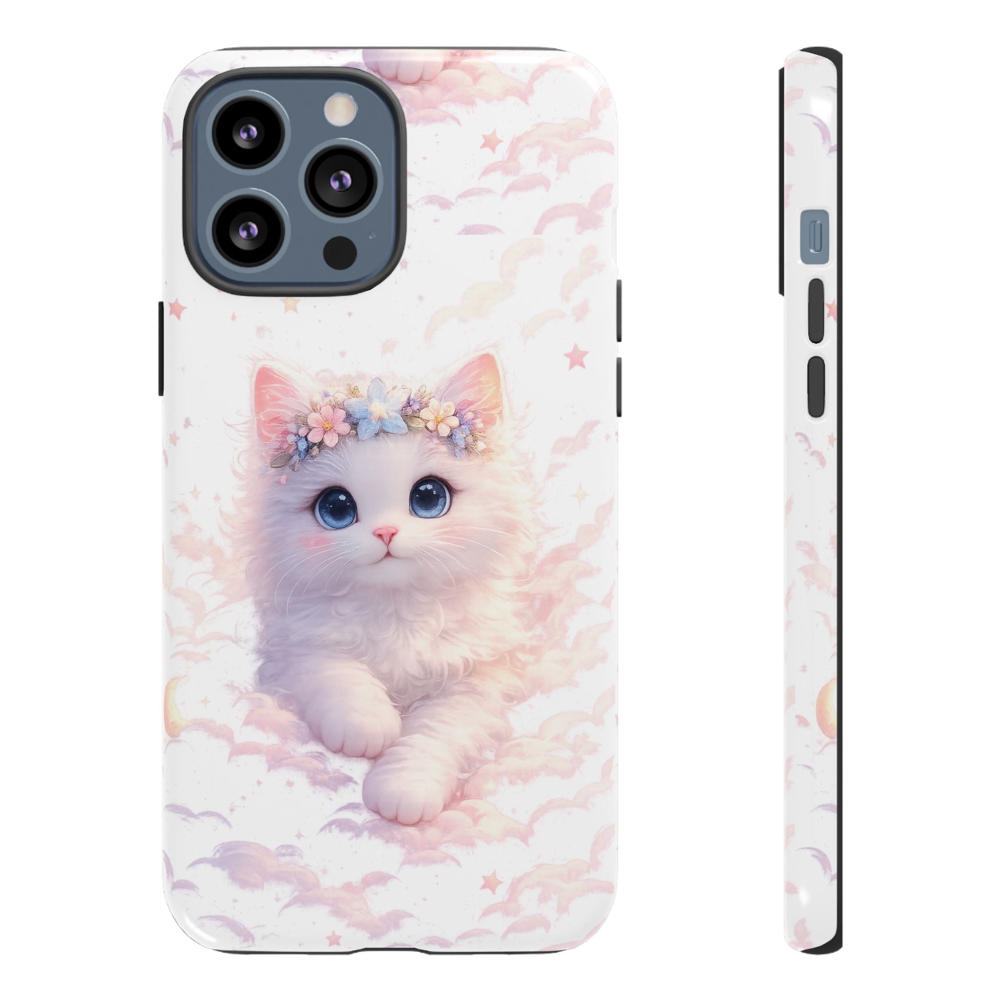Cute Crowned Kitten Phone Case — Pastel Cloud & Star Protective Case