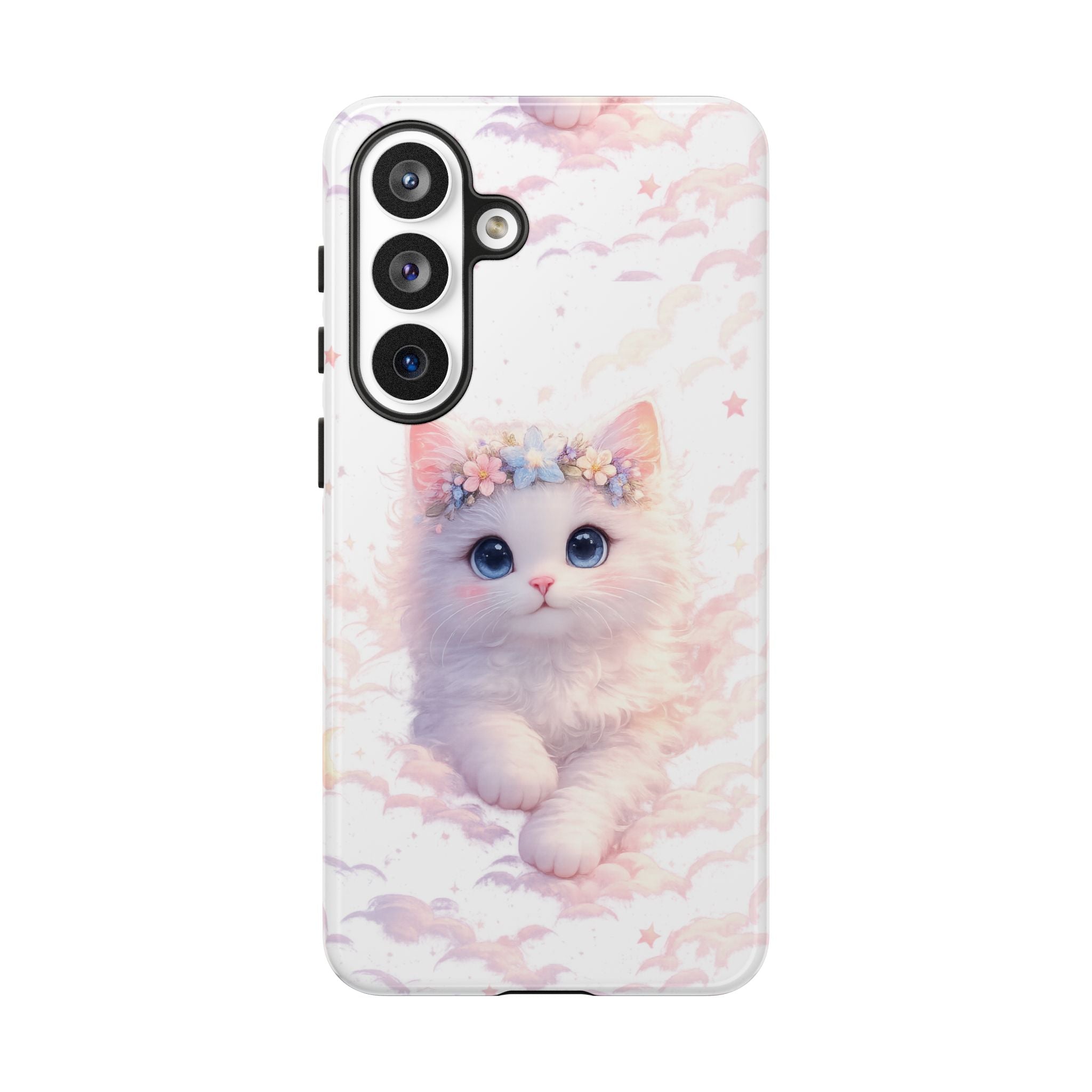 Cute Crowned Kitten Phone Case — Pastel Cloud & Star Protective Case