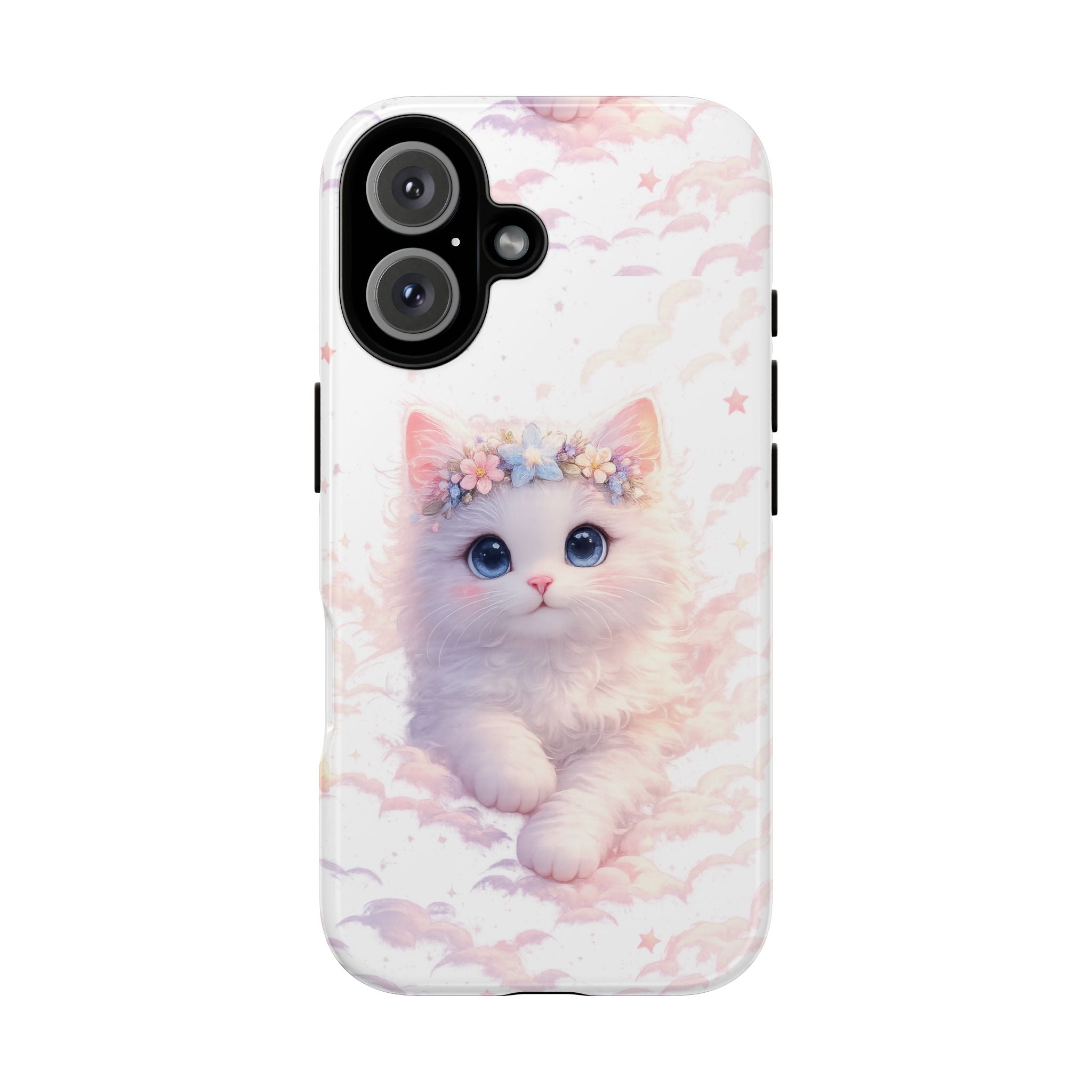 Cute Crowned Kitten Phone Case — Pastel Cloud & Star Protective Case