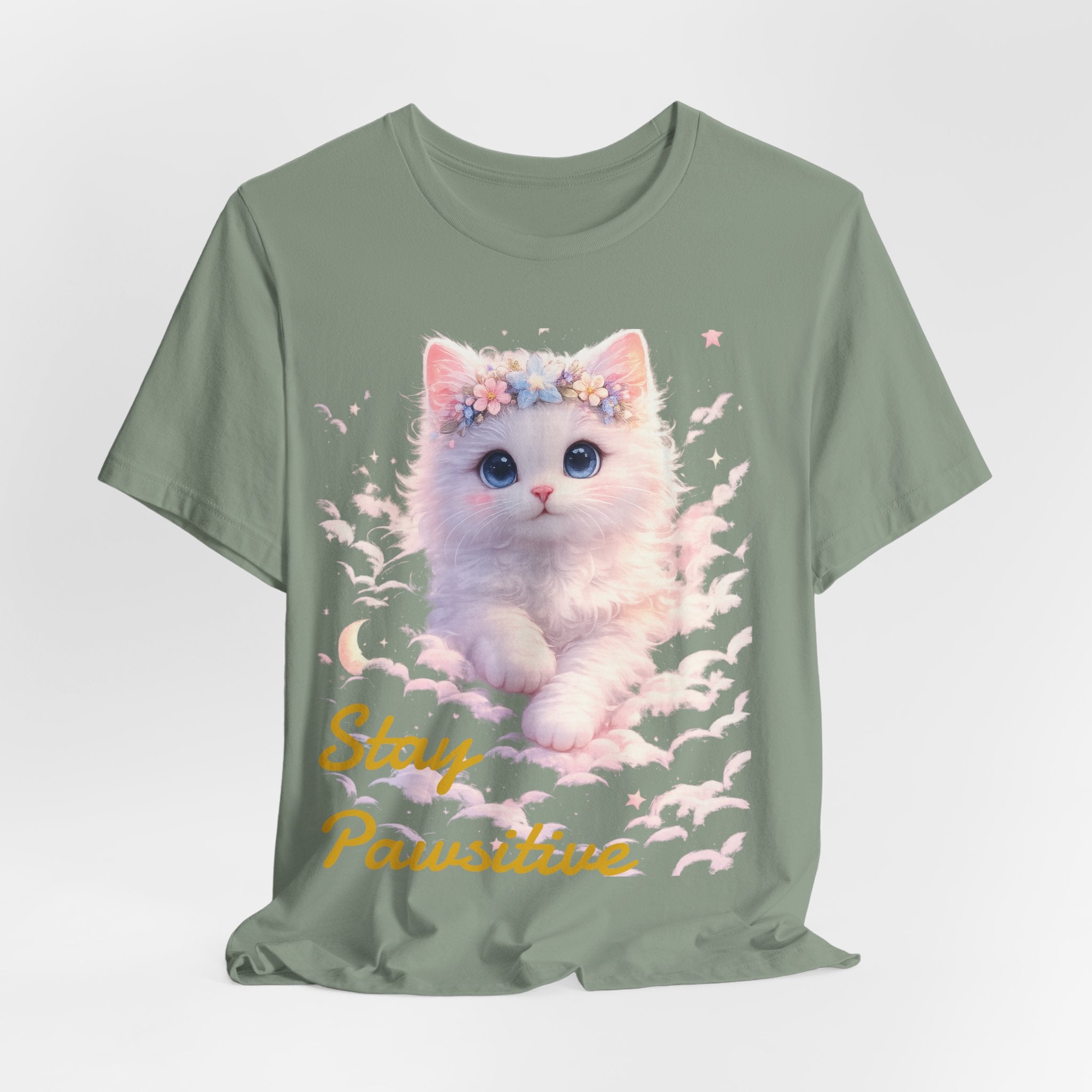 Stay Pawsitive Kitten Tee | Floral Crown Cat, Pastel Cloud Illustration