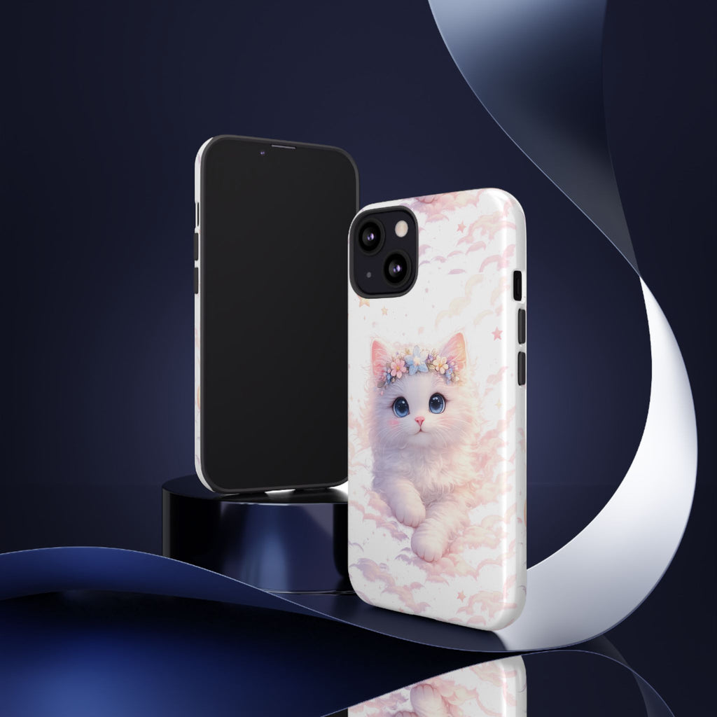 Cute Crowned Kitten Phone Case — Pastel Cloud & Star Protective Case