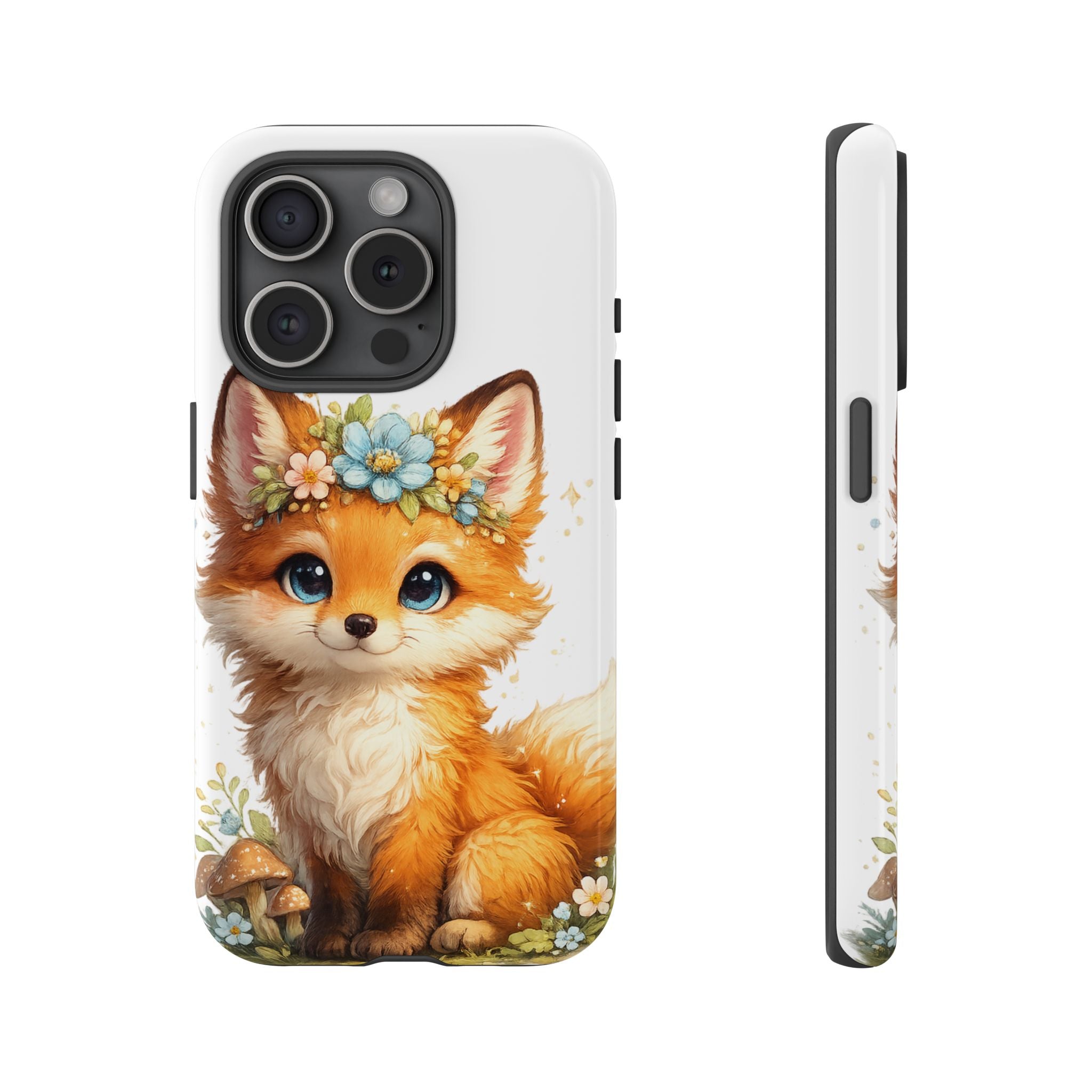Woodland Fox Cub Phone Case — Protective Tough Case with Floral & Mushroom Art