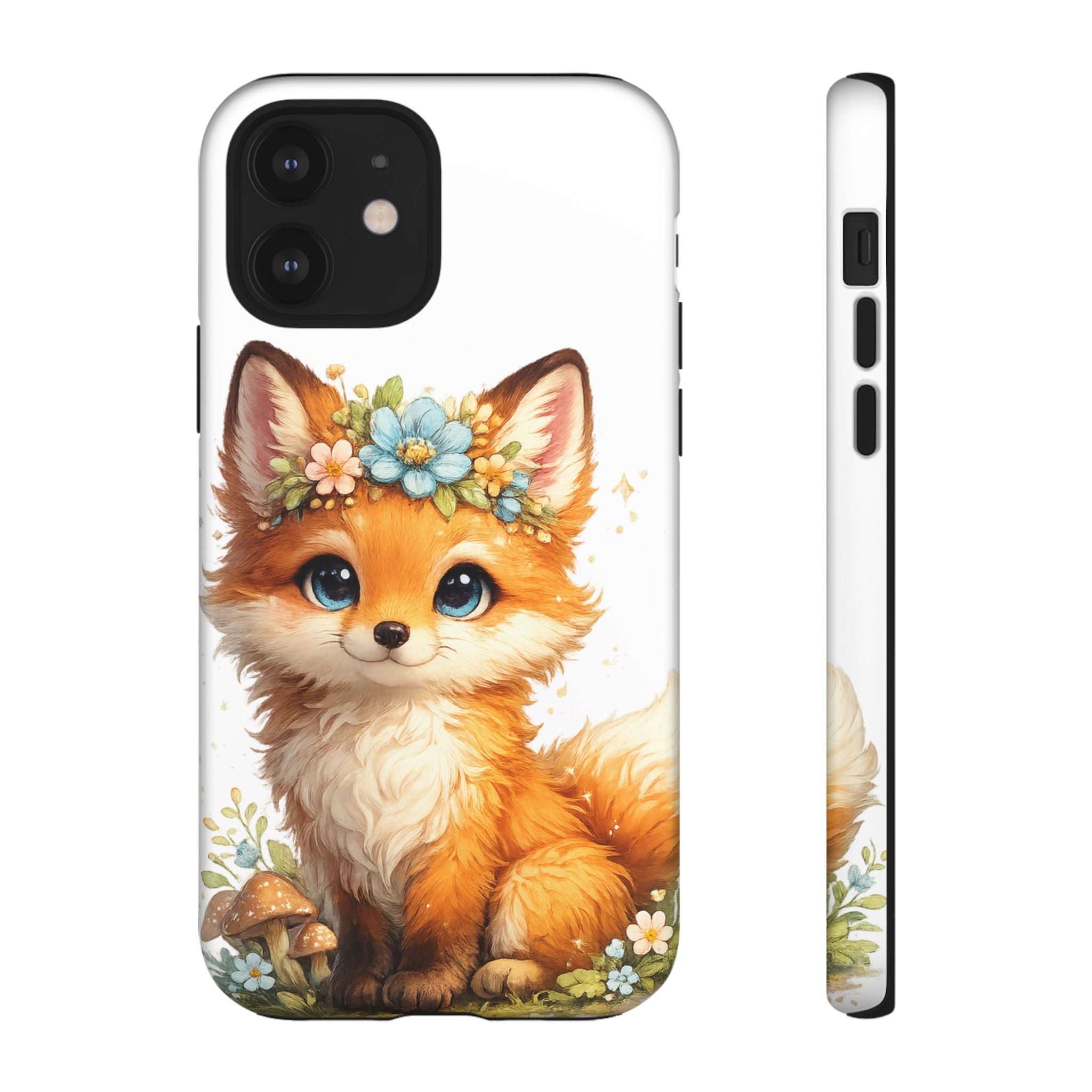 Woodland Fox Cub Phone Case — Protective Tough Case with Floral & Mushroom Art