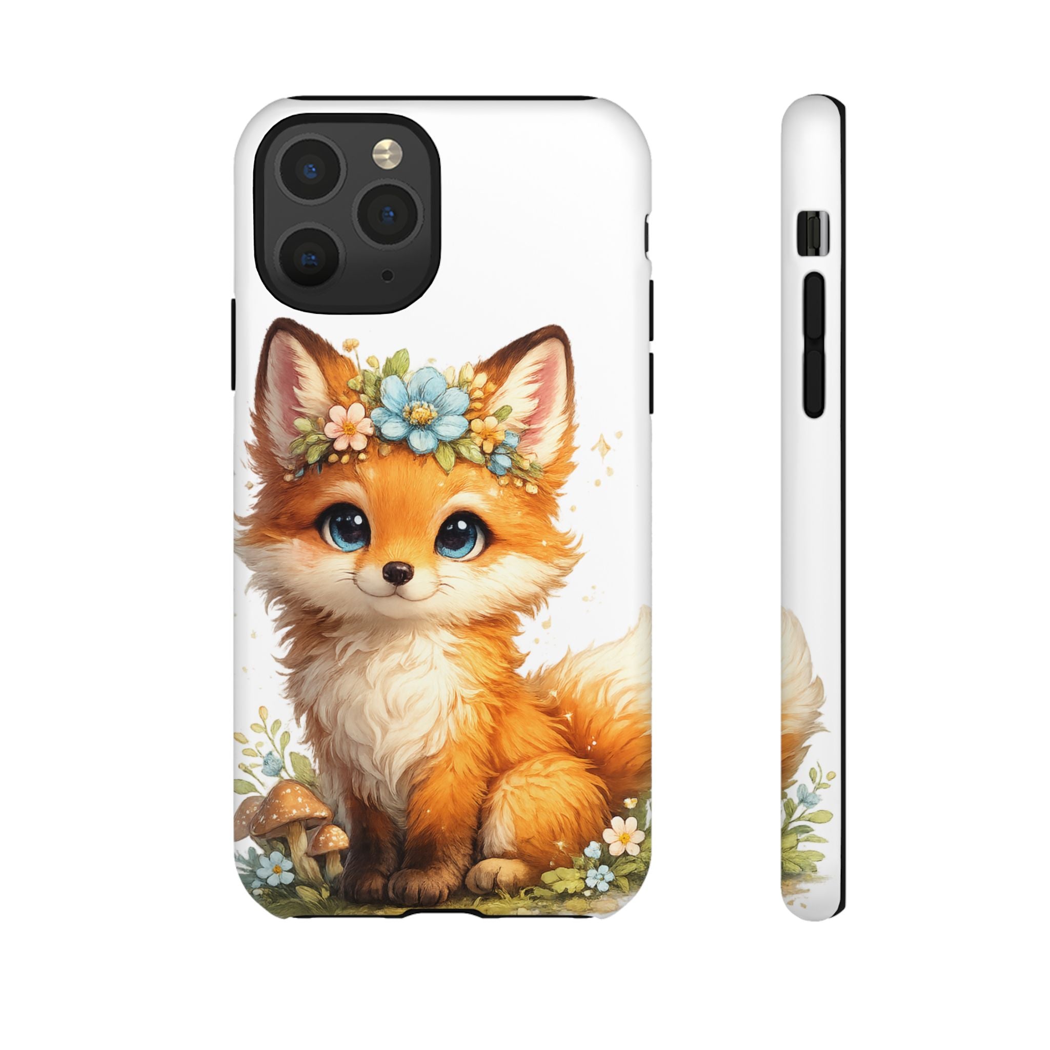 Woodland Fox Cub Phone Case — Protective Tough Case with Floral & Mushroom Art