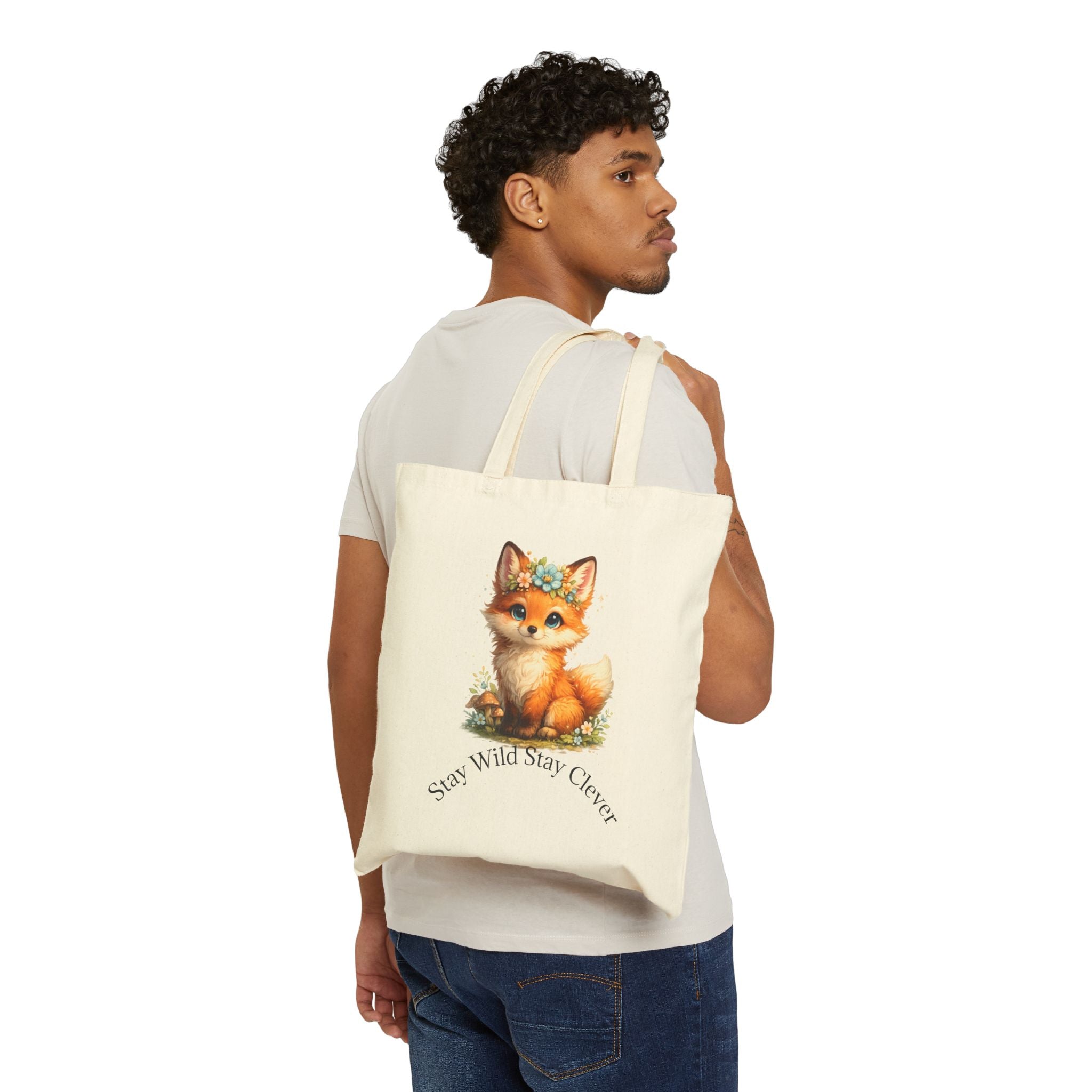 Cute Baby Fox Illustration Tote Bag | Say Wild Stay Clever, Floral Crown