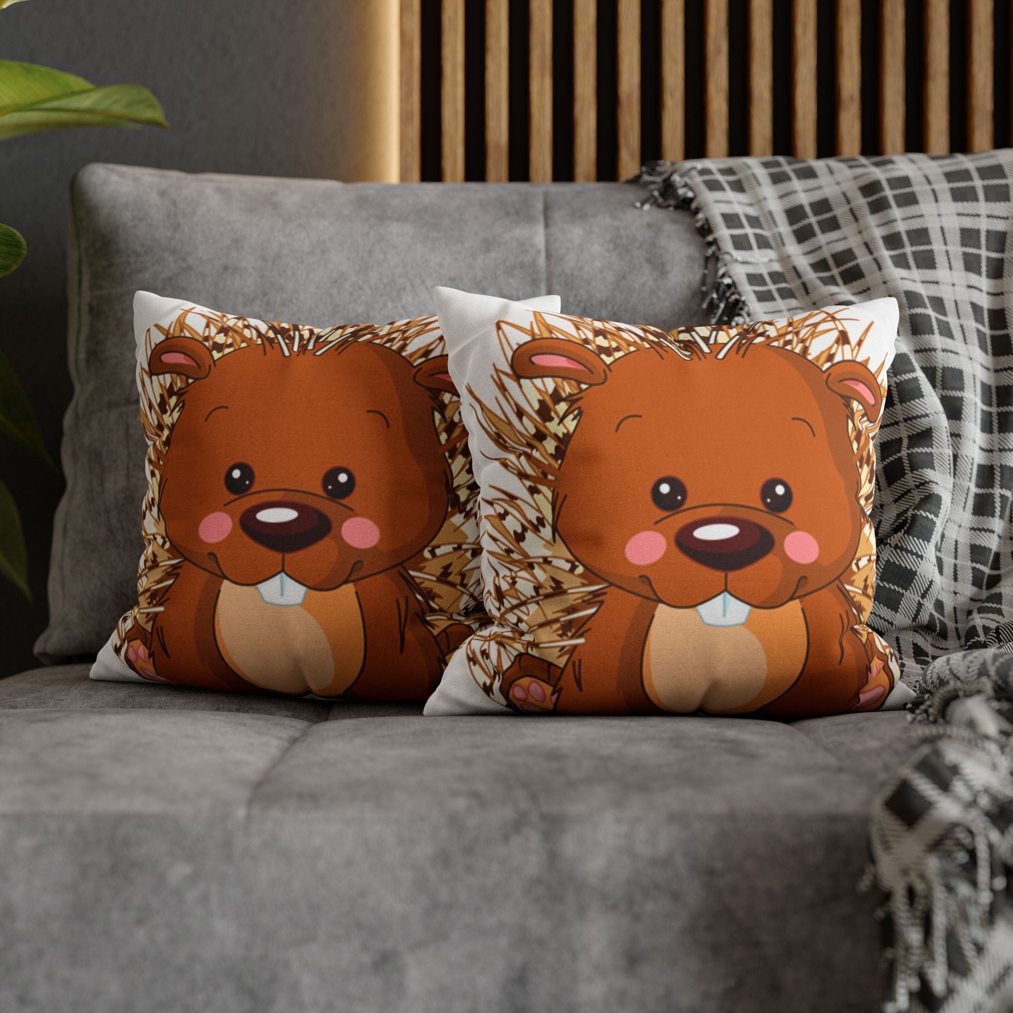 Cute Cartoon Hedgehog Pillowcase, Spun Polyester Square Pillow Cover | Double-Sided Print