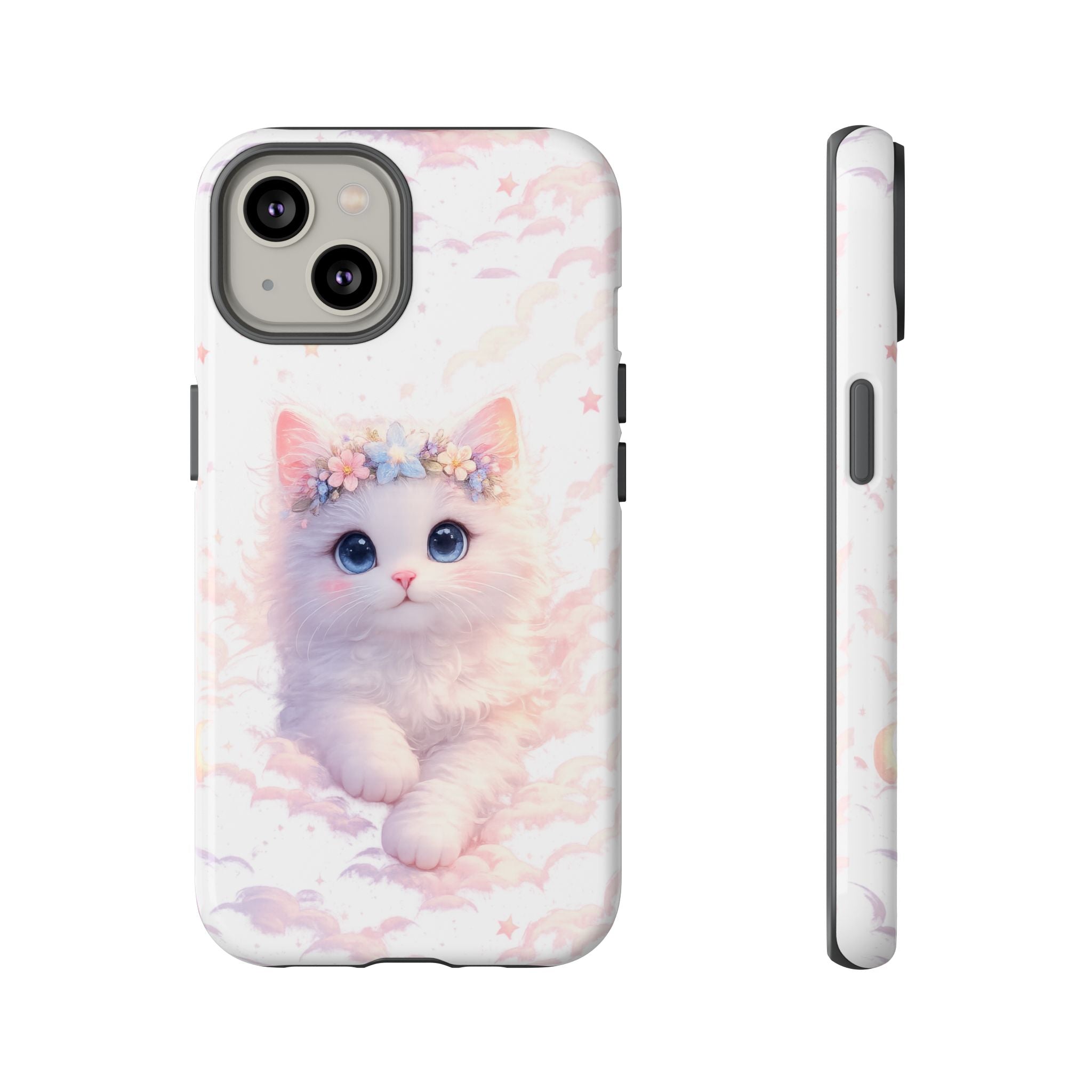 Cute Crowned Kitten Phone Case — Pastel Cloud & Star Protective Case