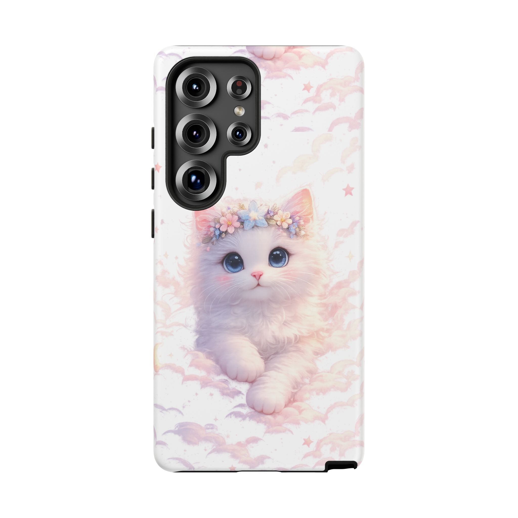 Cute Crowned Kitten Phone Case — Pastel Cloud & Star Protective Case