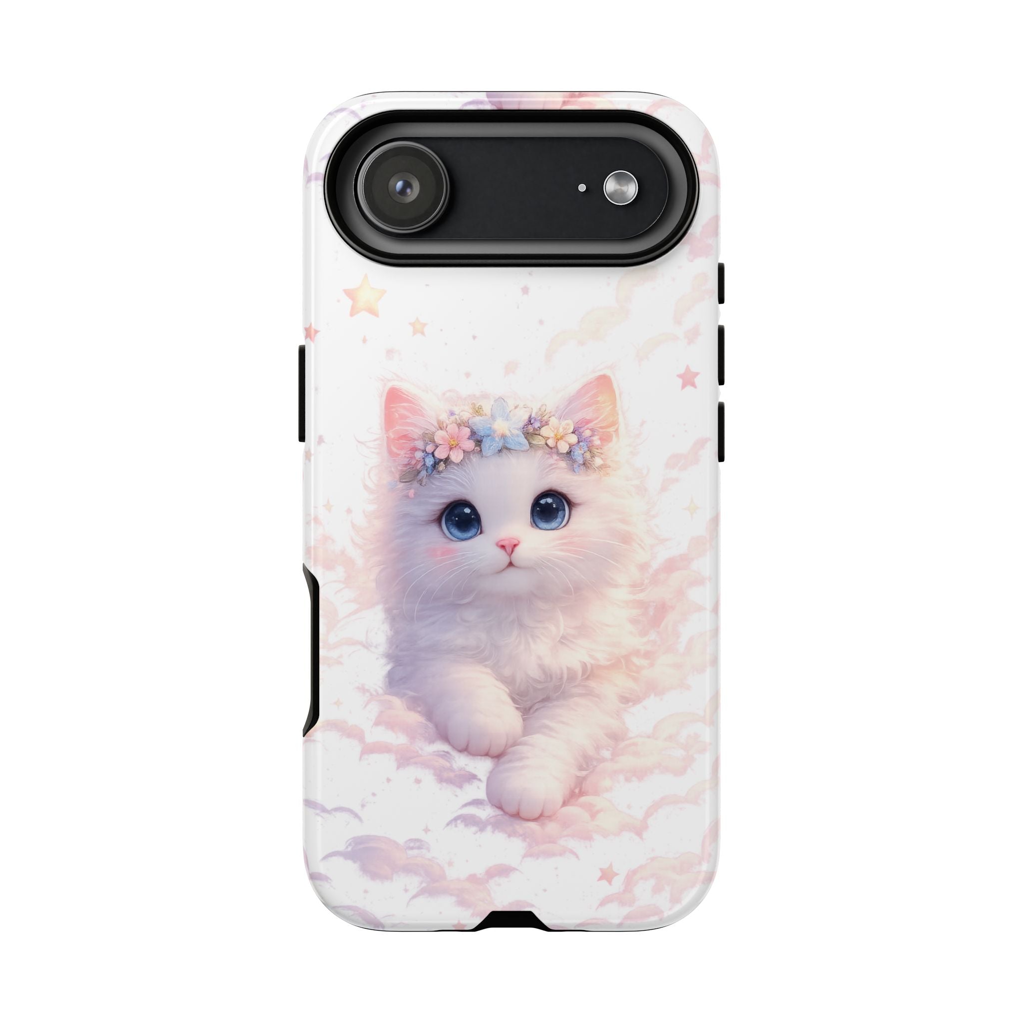 Cute Crowned Kitten Phone Case — Pastel Cloud & Star Protective Case