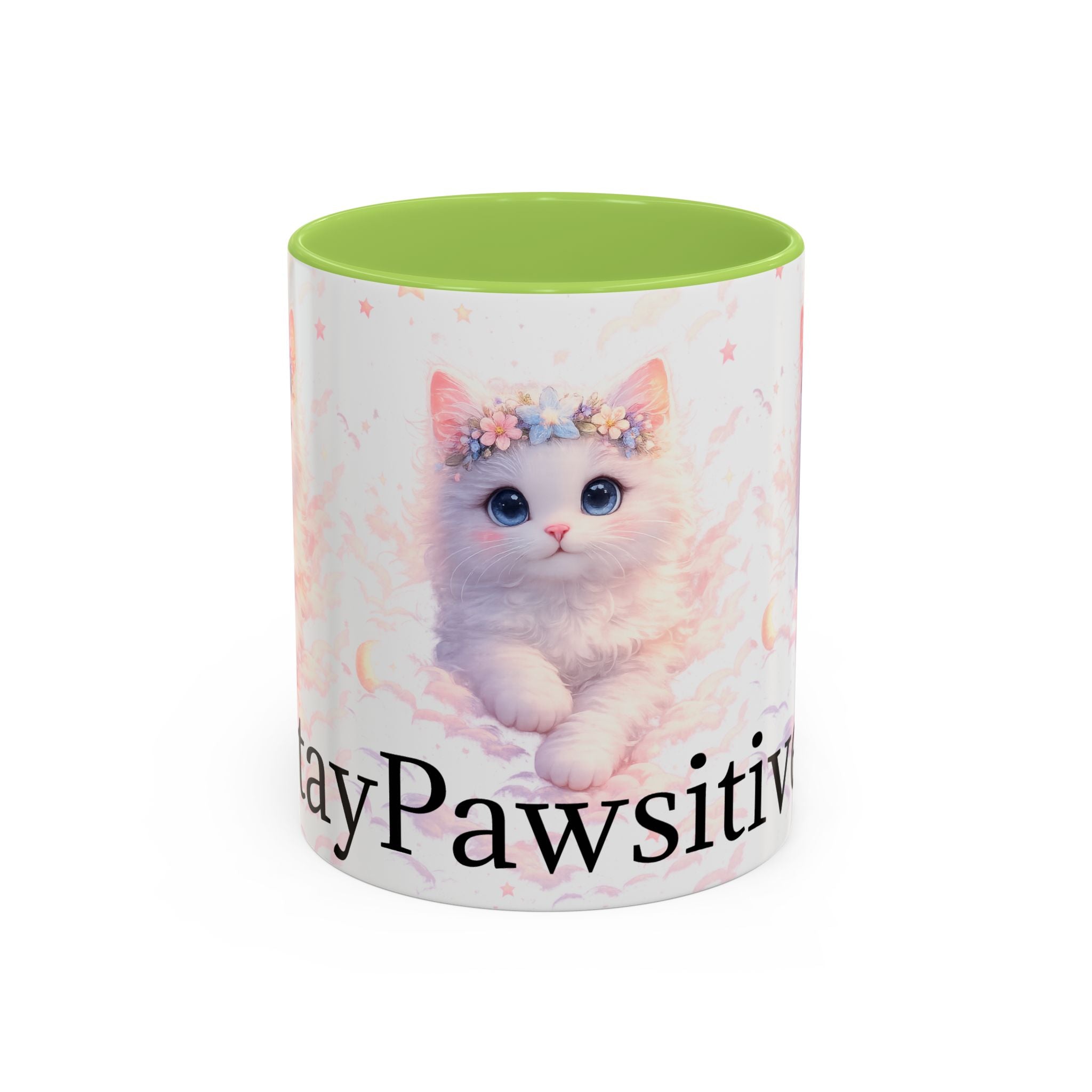 Pawsitive Kitten Accent Coffee Mug | Floral Crown Cat, 11oz 15oz