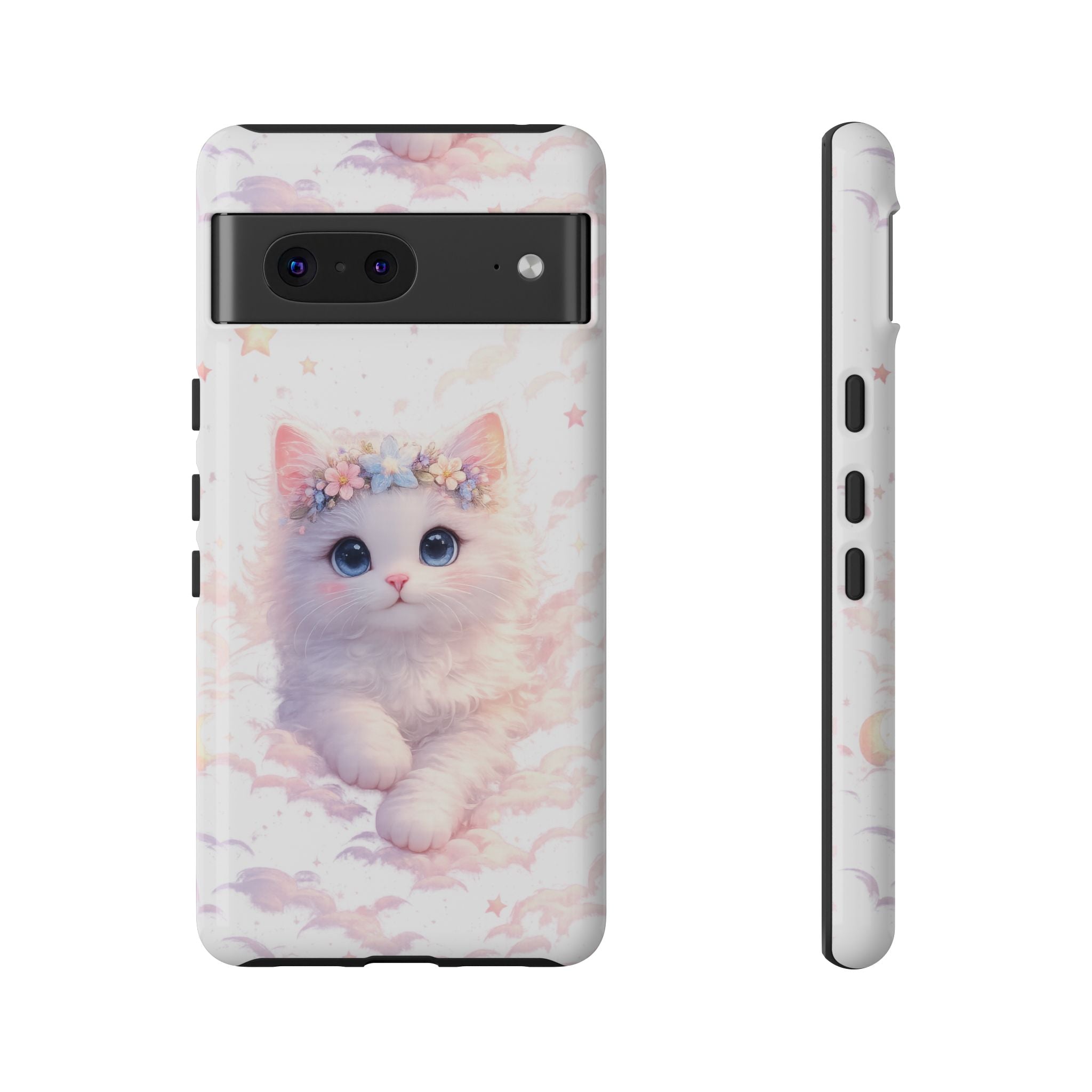 Cute Crowned Kitten Phone Case — Pastel Cloud & Star Protective Case