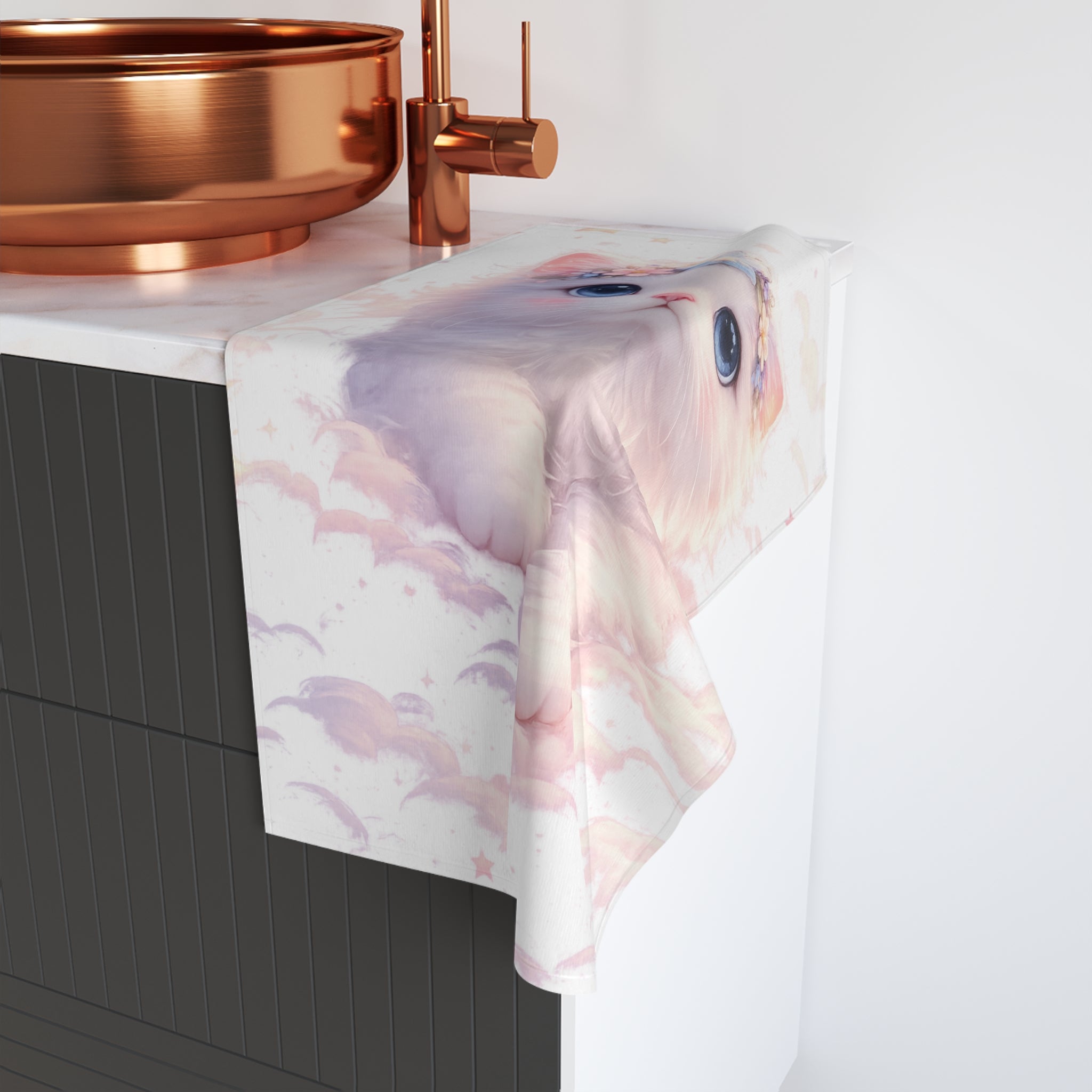 Angelic Kitten in Pastel Clouds Hand Towel | Floral Crown Nursery Towel